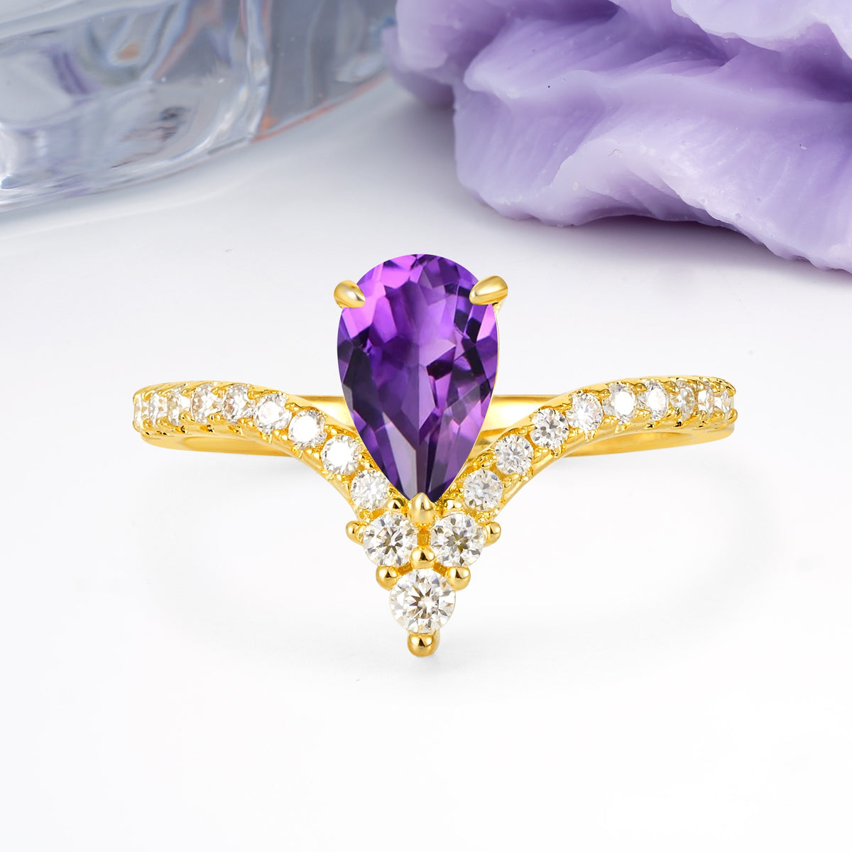 Luxurious Crown 3-Prong Pear Cut Amethyst Engagement Ring - Additional view