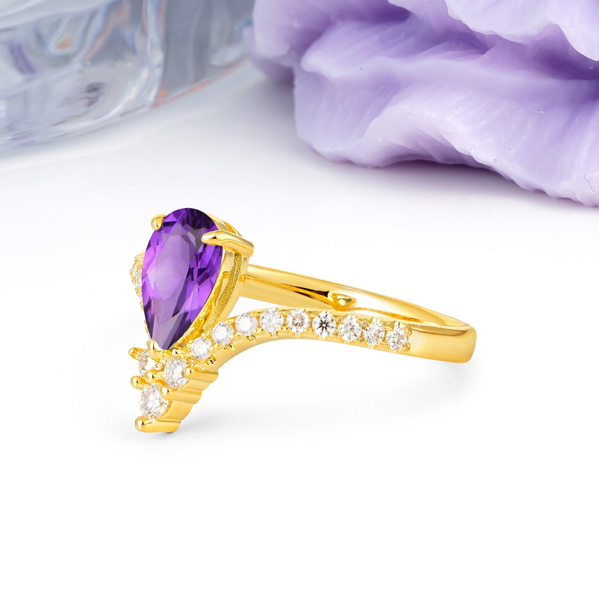 Luxurious Crown 3-Prong Pear Cut Amethyst Engagement Ring - Additional view