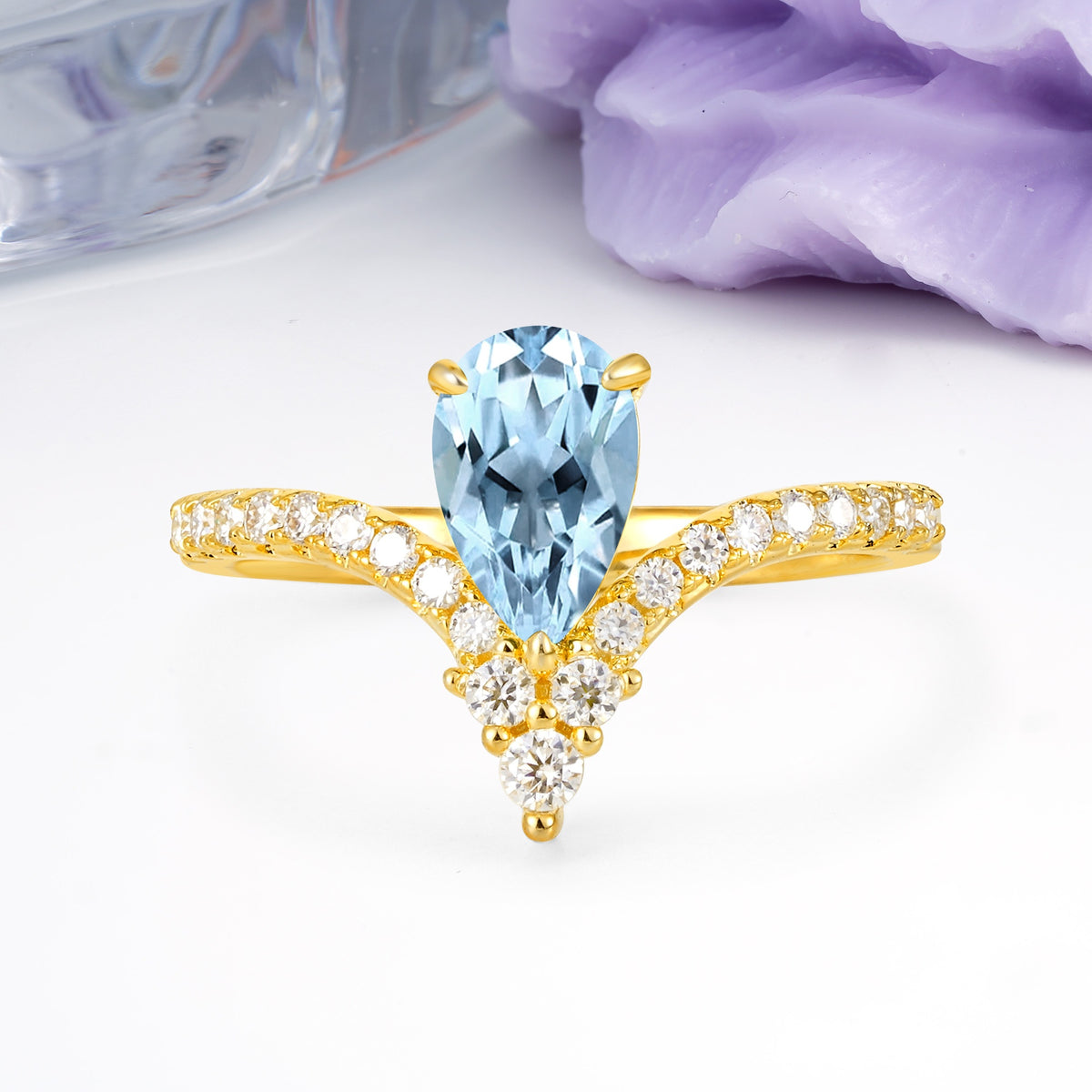 Luxurious Crown 3-Prong Pear Cut Aquamarine Engagement Ring - Additional view