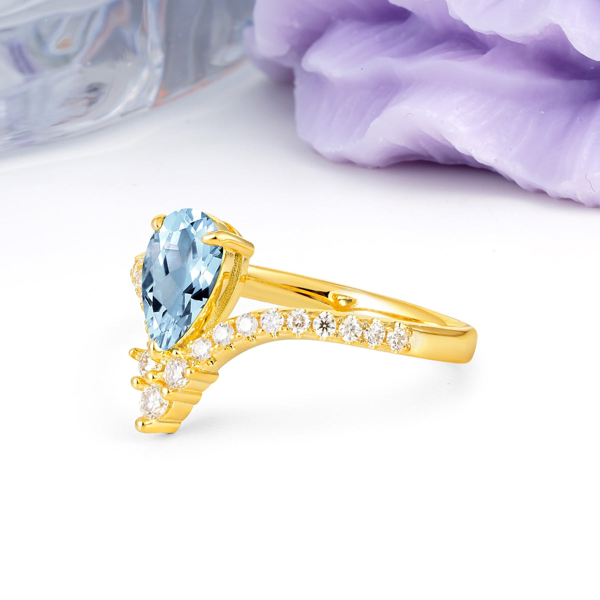 Luxurious Crown 3-Prong Pear Cut Aquamarine Engagement Ring - Additional view