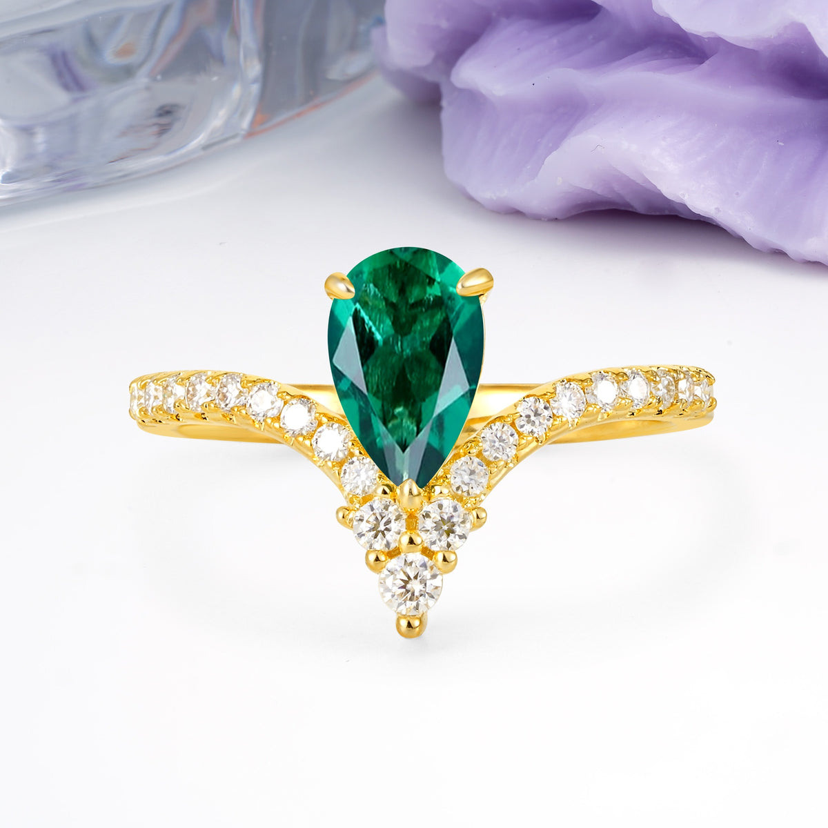 Luxurious Crown 3-Prong Pear Cut Emerald Engagement Ring - Additional view