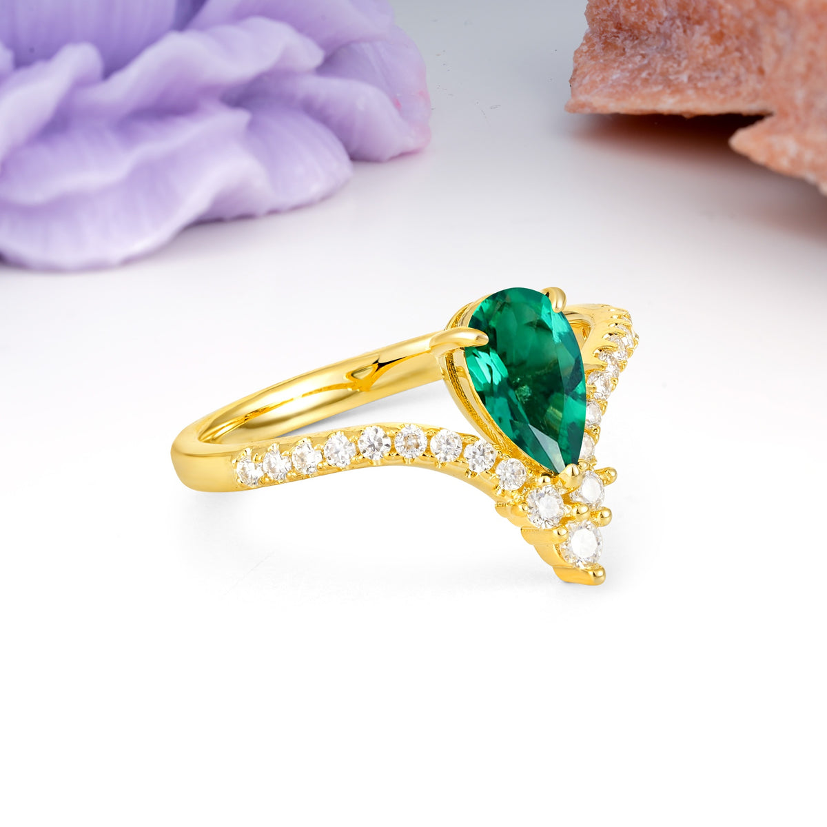 Luxurious Crown 3-Prong Pear Cut Emerald Engagement Ring - Additional view