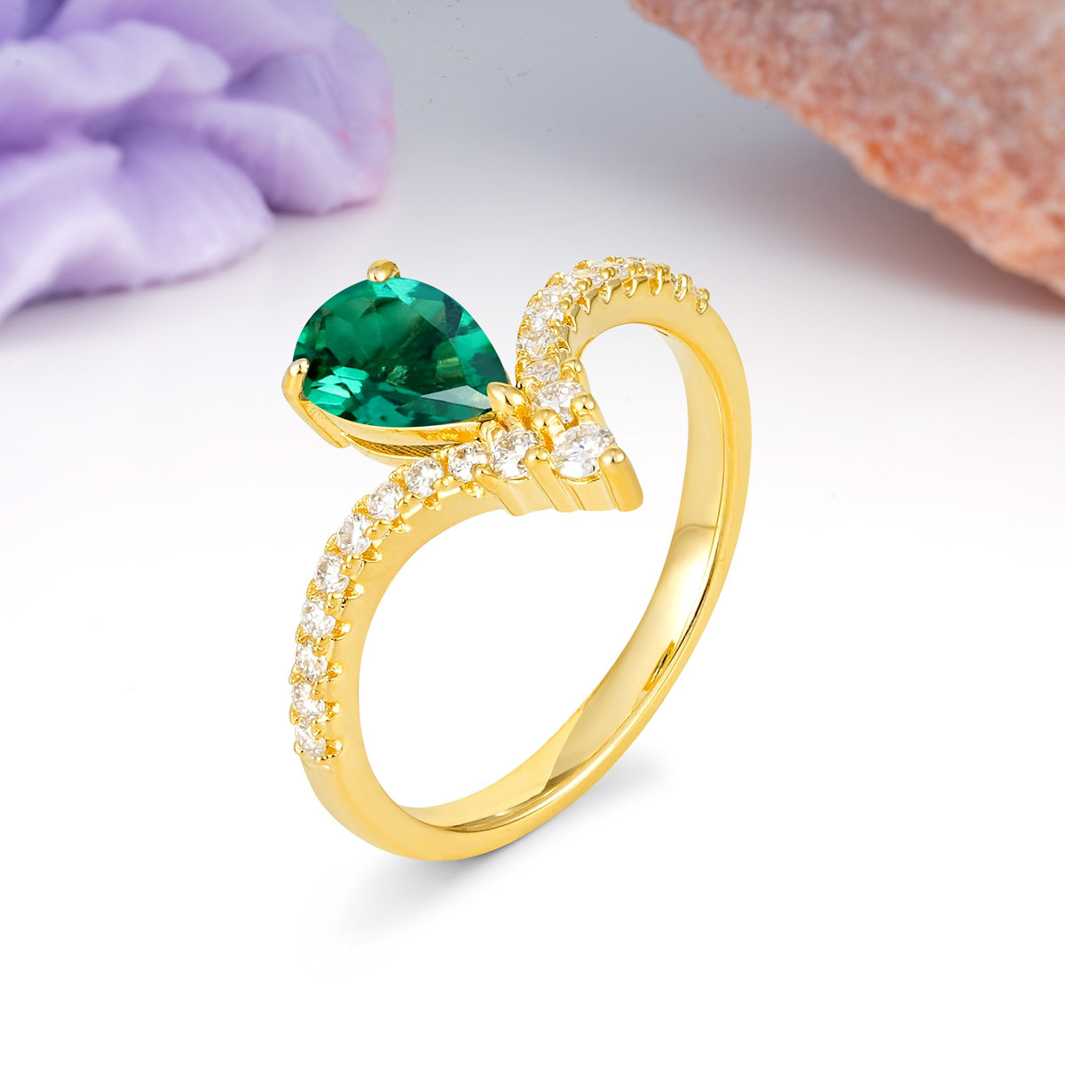 Luxurious Crown 3-Prong Pear Cut Emerald Engagement Ring - Additional view