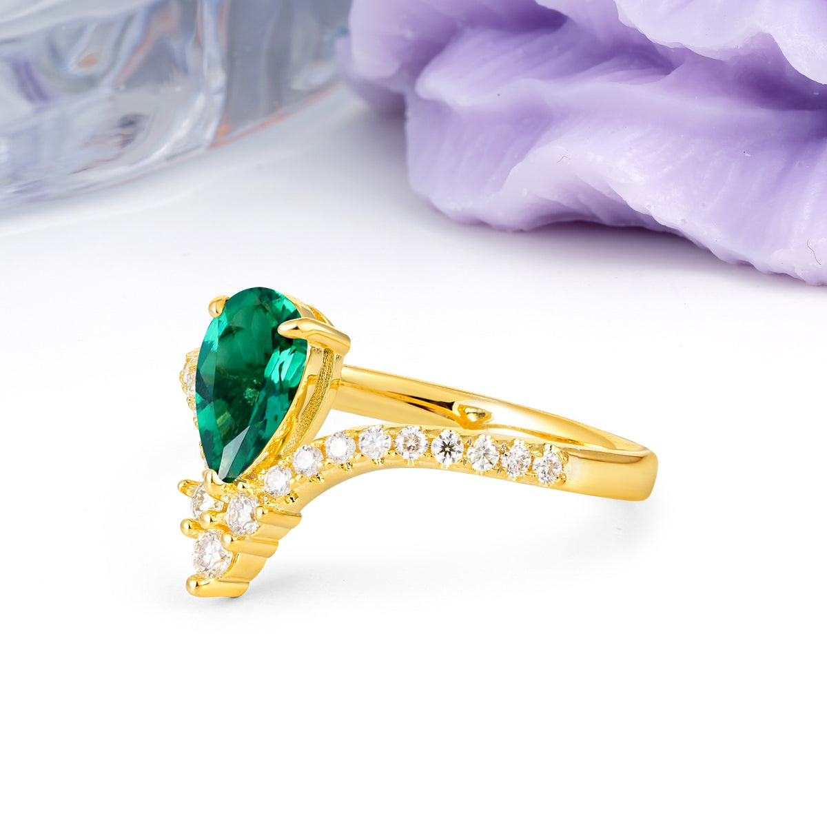 Luxurious Crown 3-Prong Pear Cut Emerald Engagement Ring - Additional view