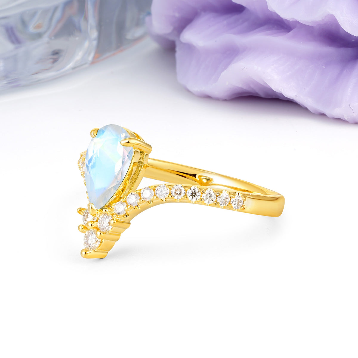 Luxurious Crown 3-Prong Pear Cut Moonstone Engagement Ring - Additional view