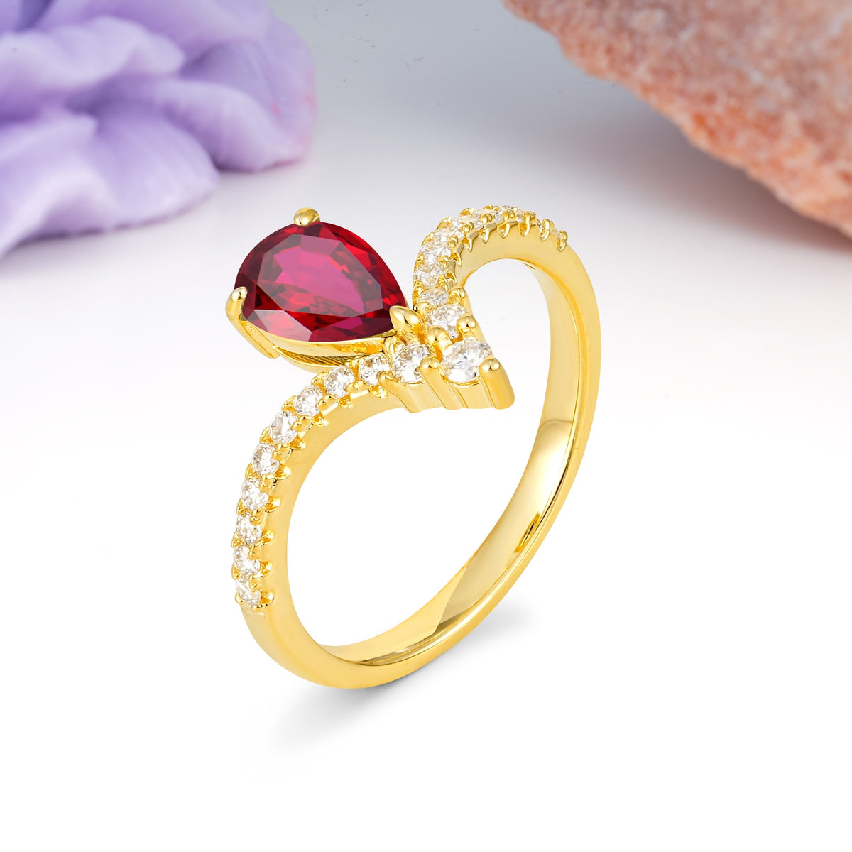 Luxurious Crown 3-Prong Pear Cut Ruby Engagement Ring - Additional view