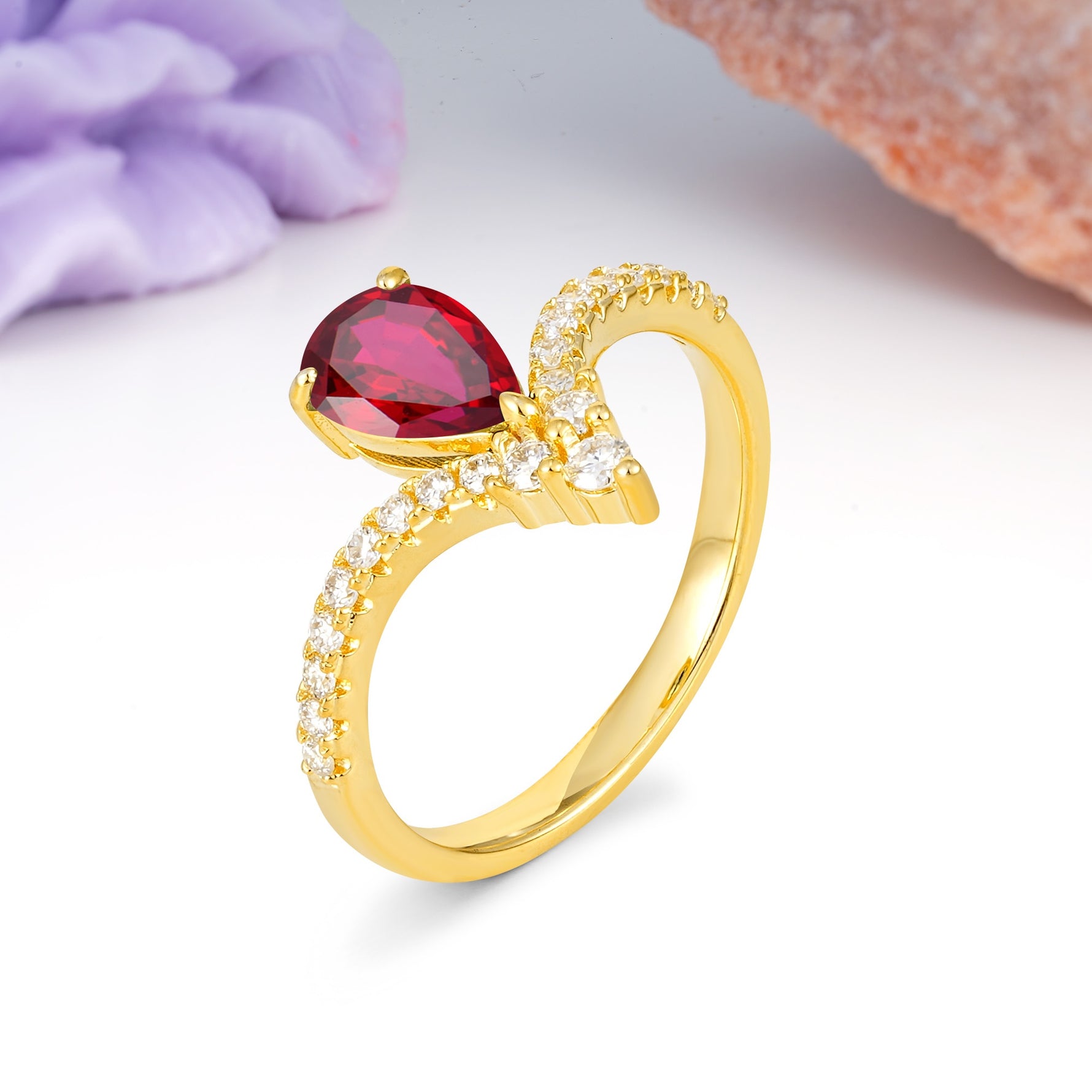 Luxurious Crown 3-Prong Pear Cut Ruby Engagement Ring - Additional view