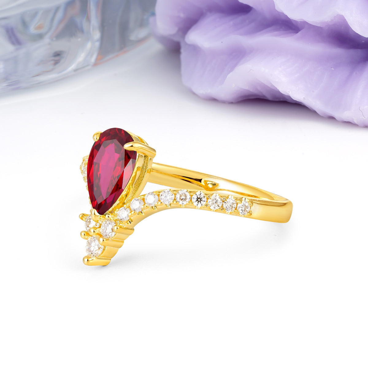 Luxurious Crown 3-Prong Pear Cut Ruby Engagement Ring - Additional view