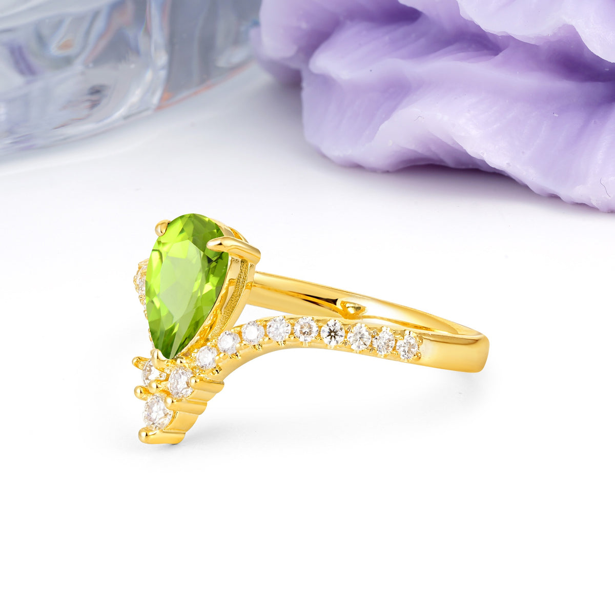 Luxurious Crown 3-Prong Pear Cut Peridot Engagement Ring - Additional view