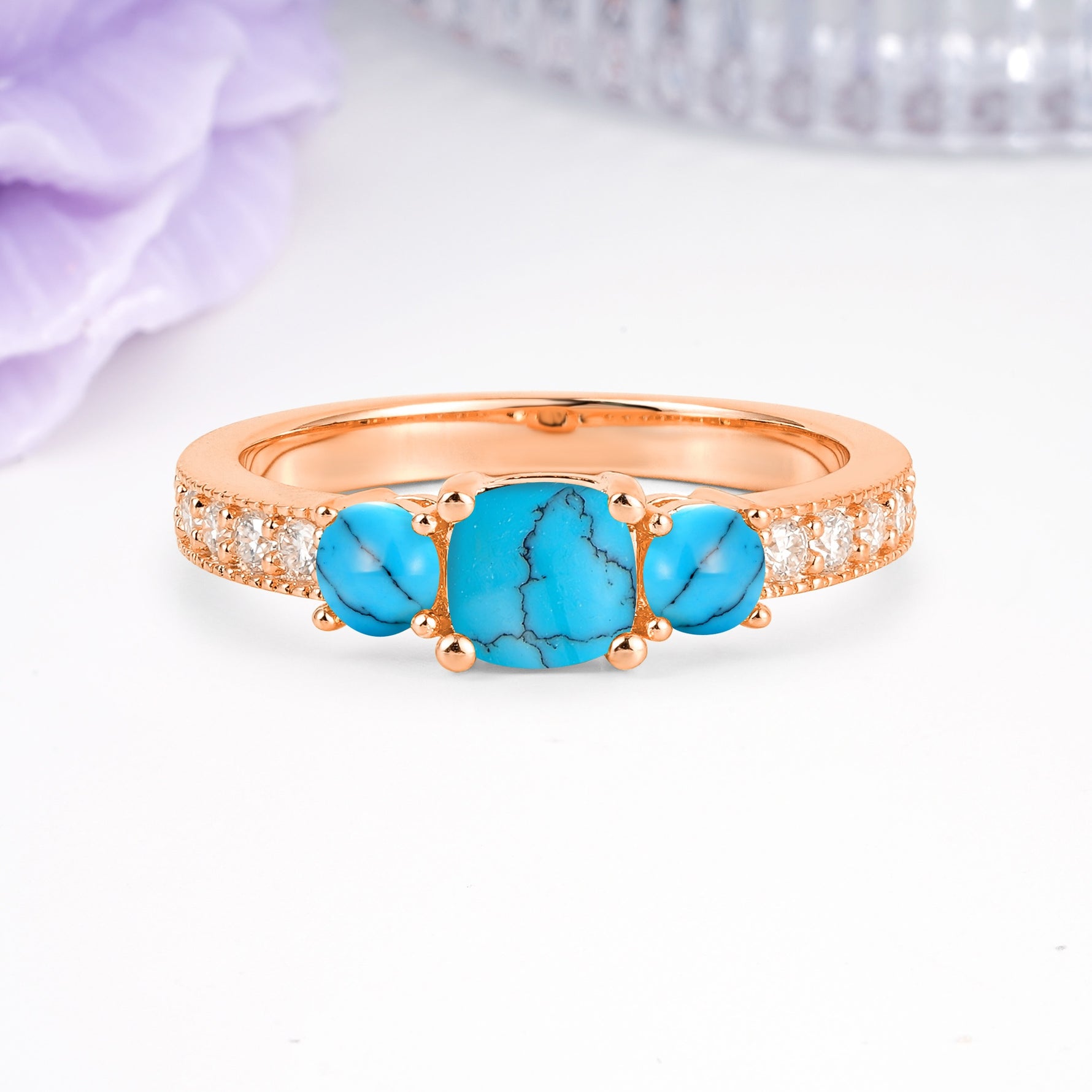 Luxurious And Unique 4 Prong Princess Cut Turquoise Engagement Ring - Additional view