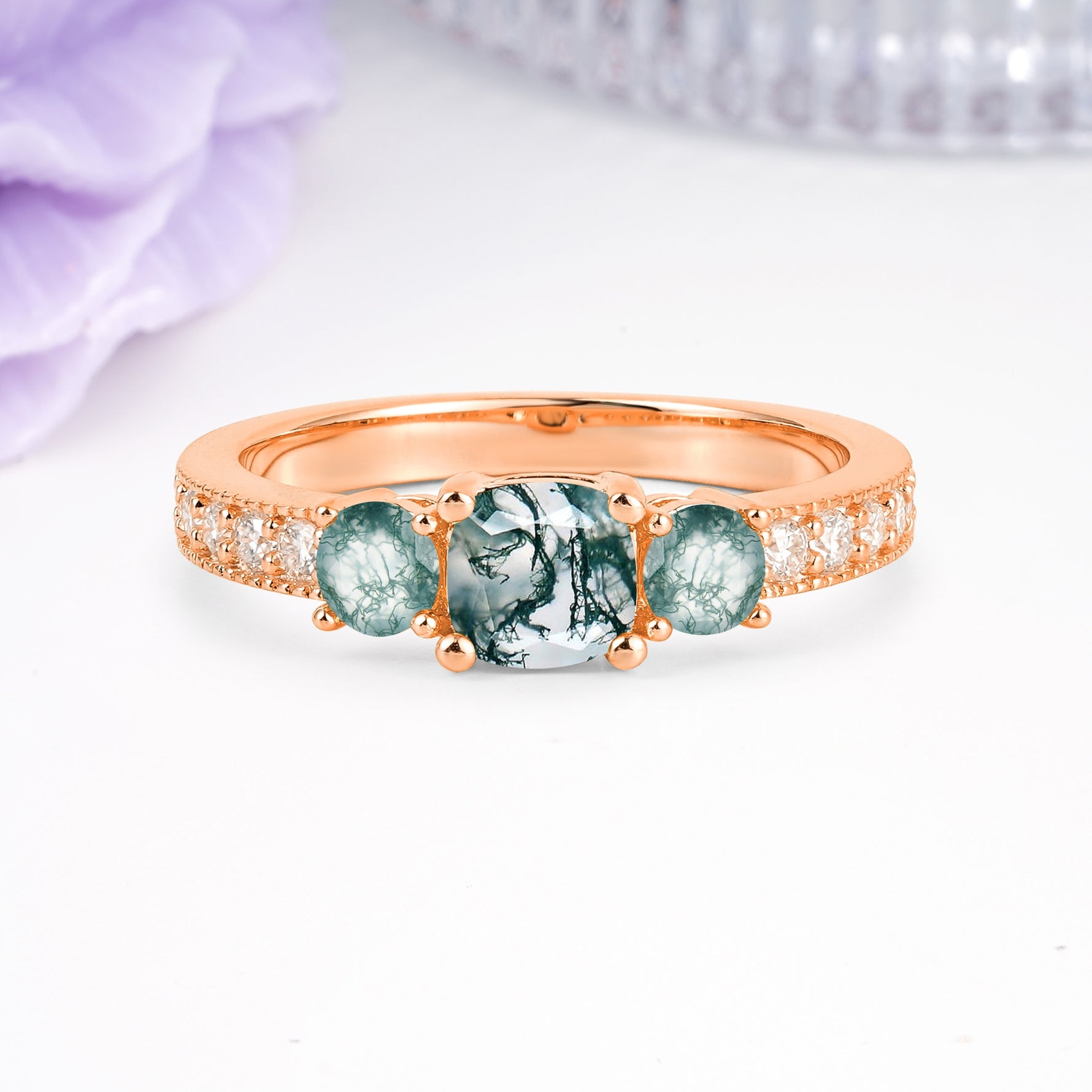 Luxurious And Unique 4 Prong Princess Cut Moss Agate Engagement Ring - Additional view