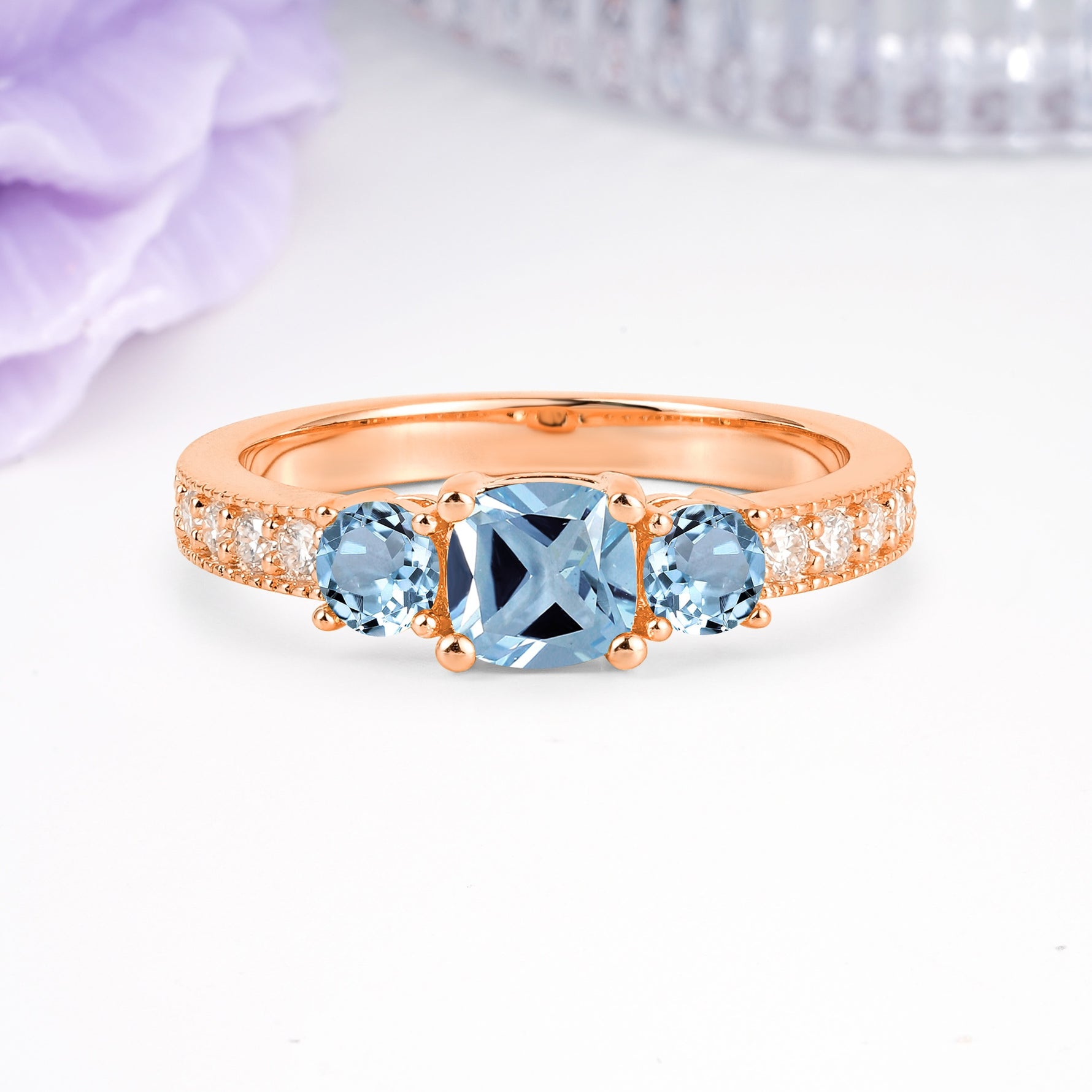 Luxurious And Unique 4 Prong Princess Cut Aquamarine Engagement Ring - Additional view