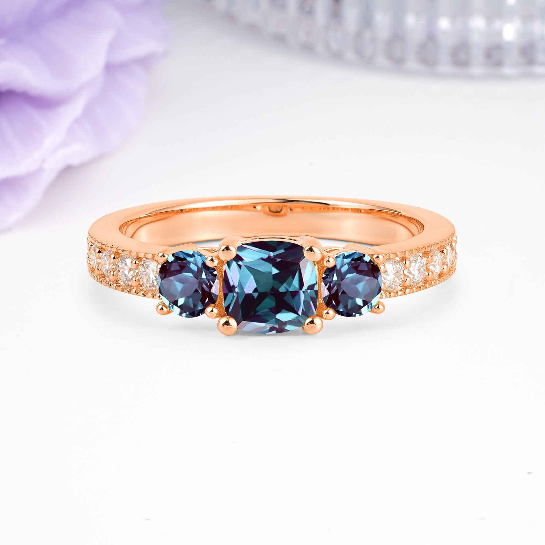 Luxurious And Unique 4 Prong Princess Cut Alexandrite Engagement Ring - Additional view