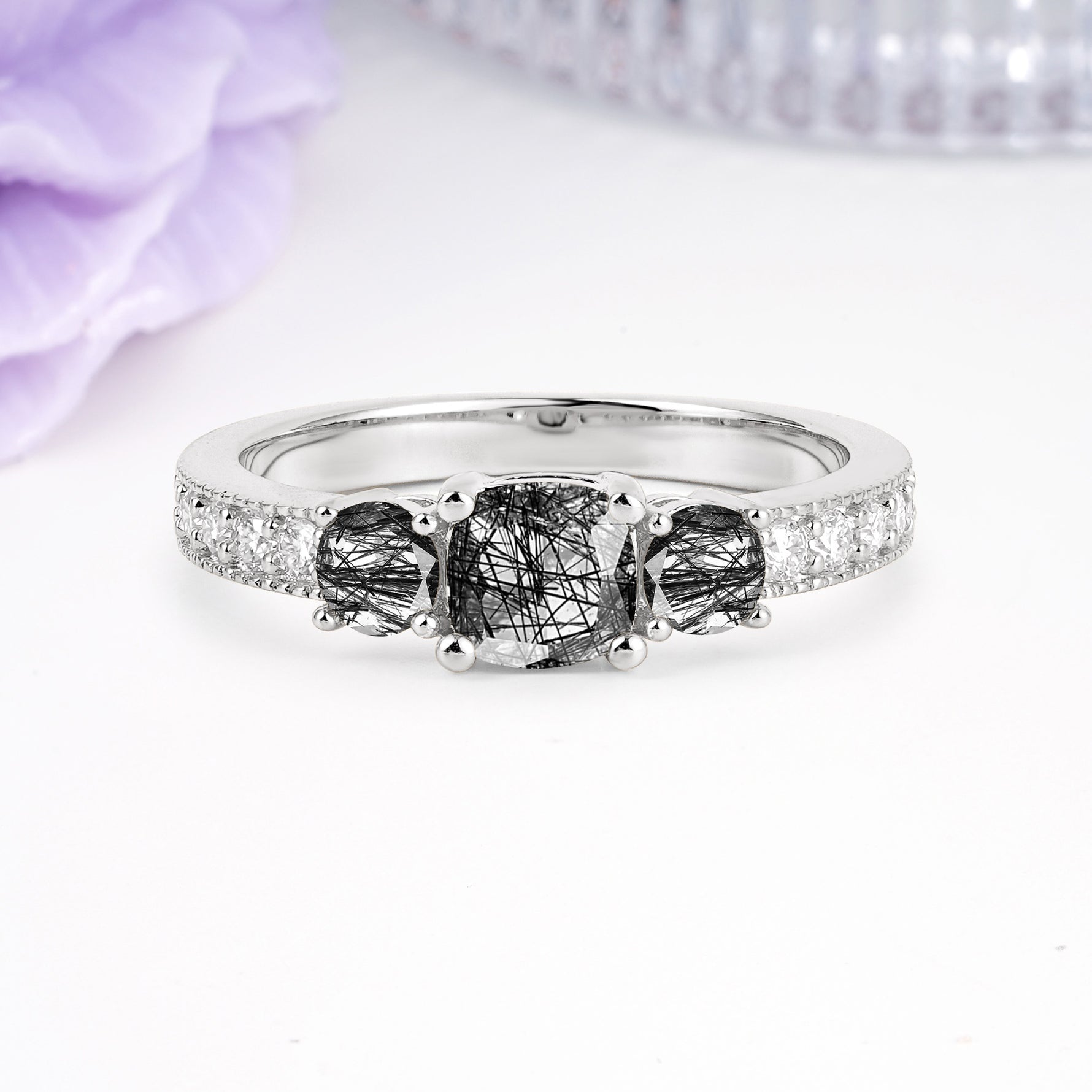 Luxurious And Unique 4 Prong Princess Cut Black Rutilated Quartz Engagement Ring - Additional view