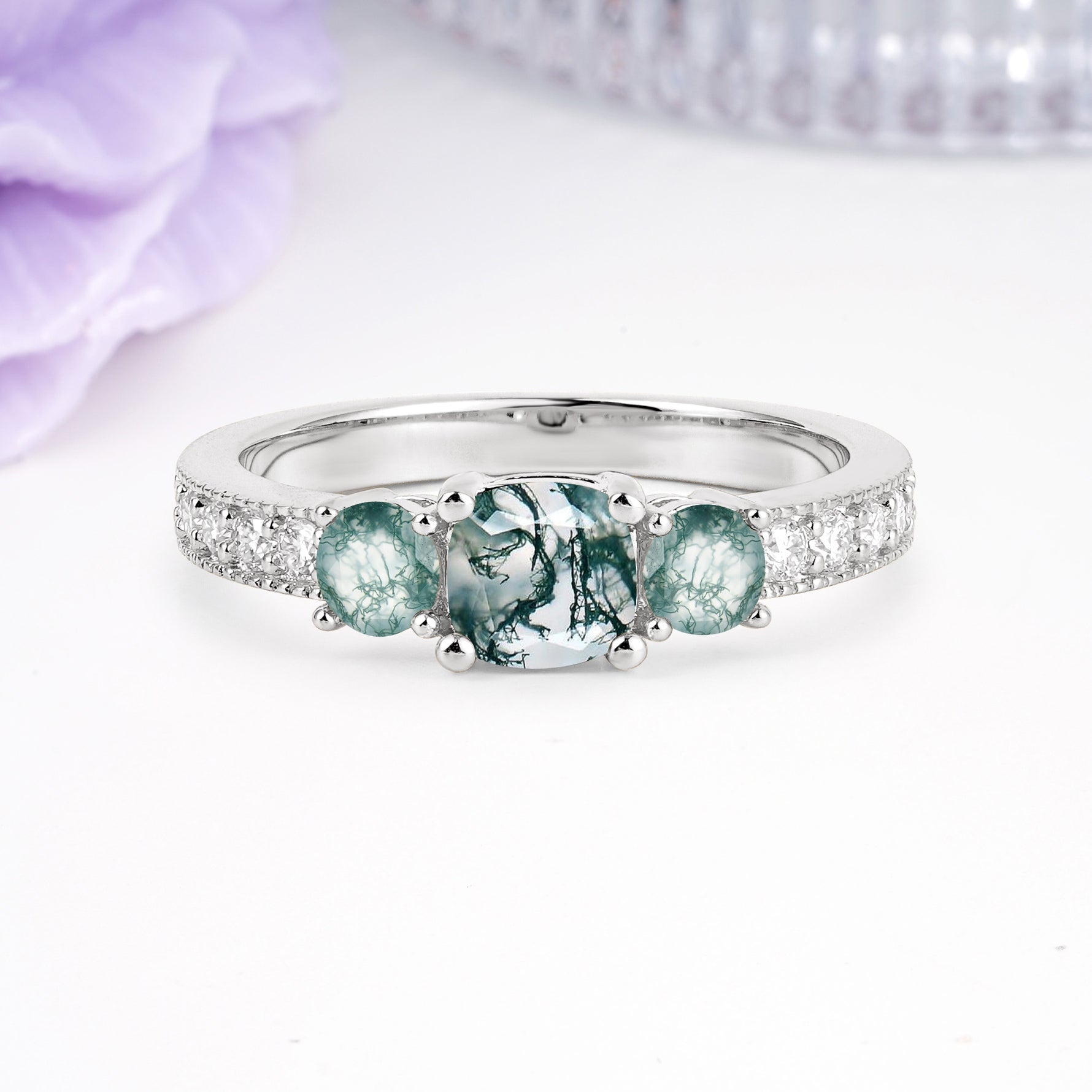 Luxurious And Unique 4 Prong Princess Cut Moss Agate Engagement Ring - Additional view