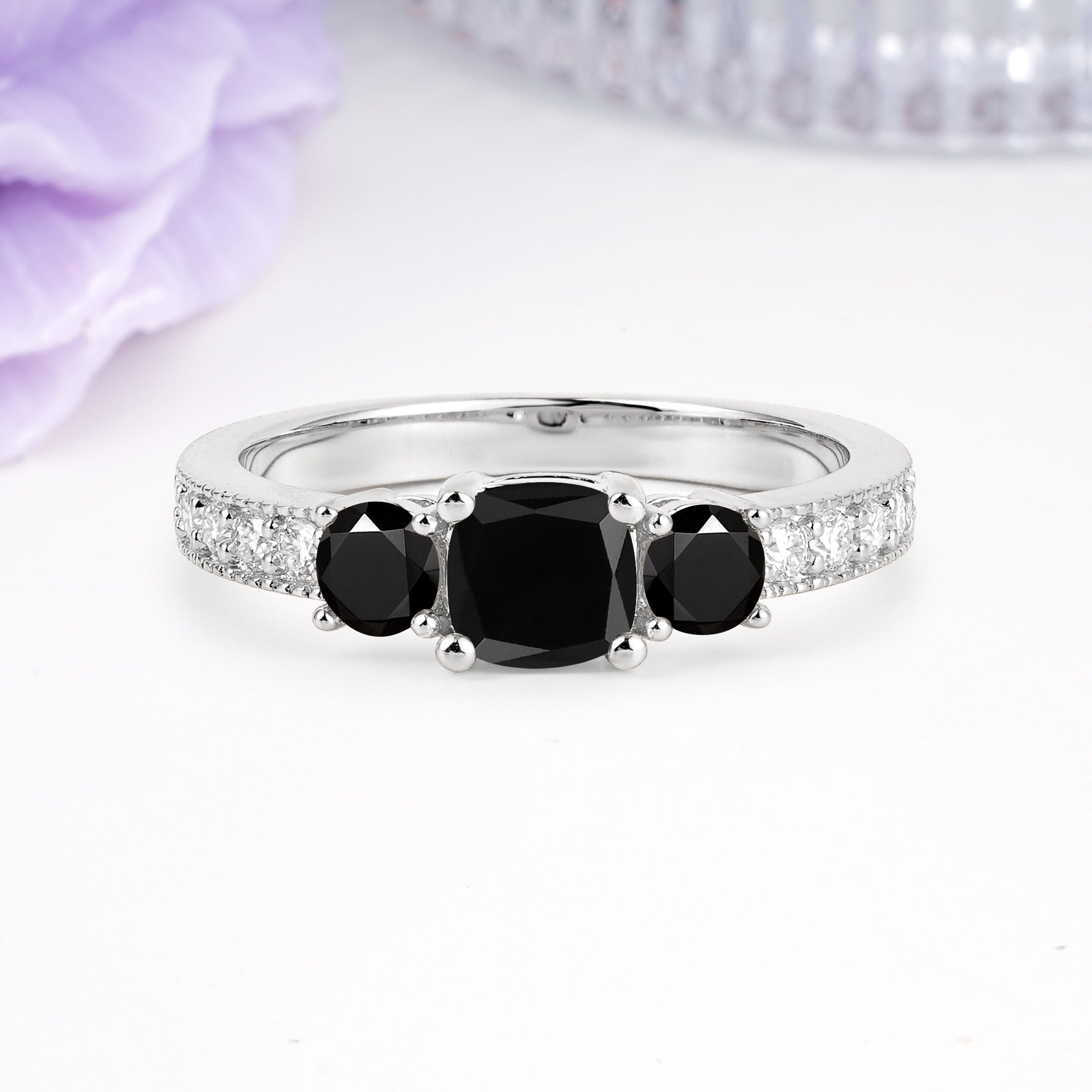 Luxurious And Unique 4 Prong Princess Cut Black Onyx Engagement Ring - Additional view