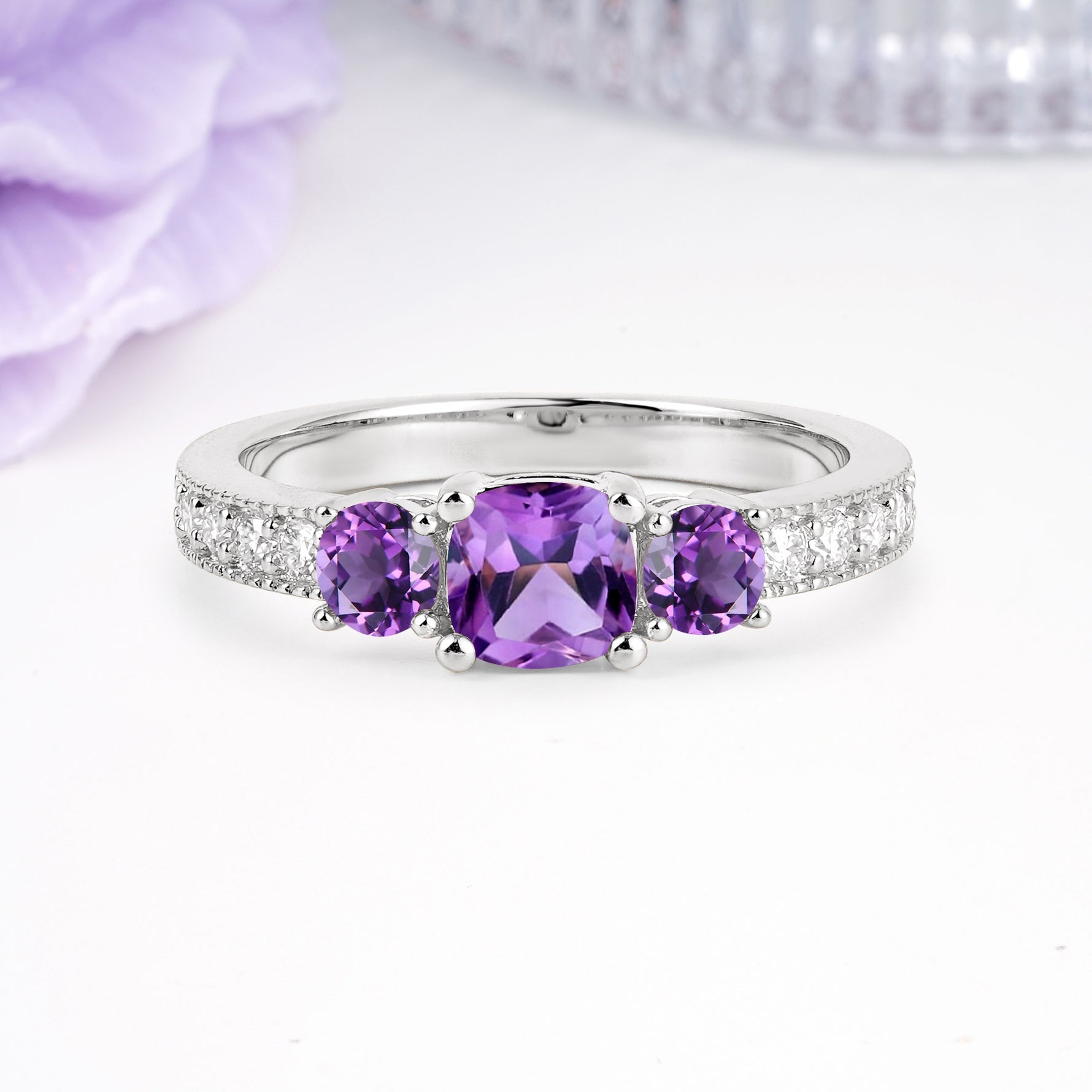 Luxurious And Unique 4 Prong Princess Cut Amethyst Engagement Ring - Additional view