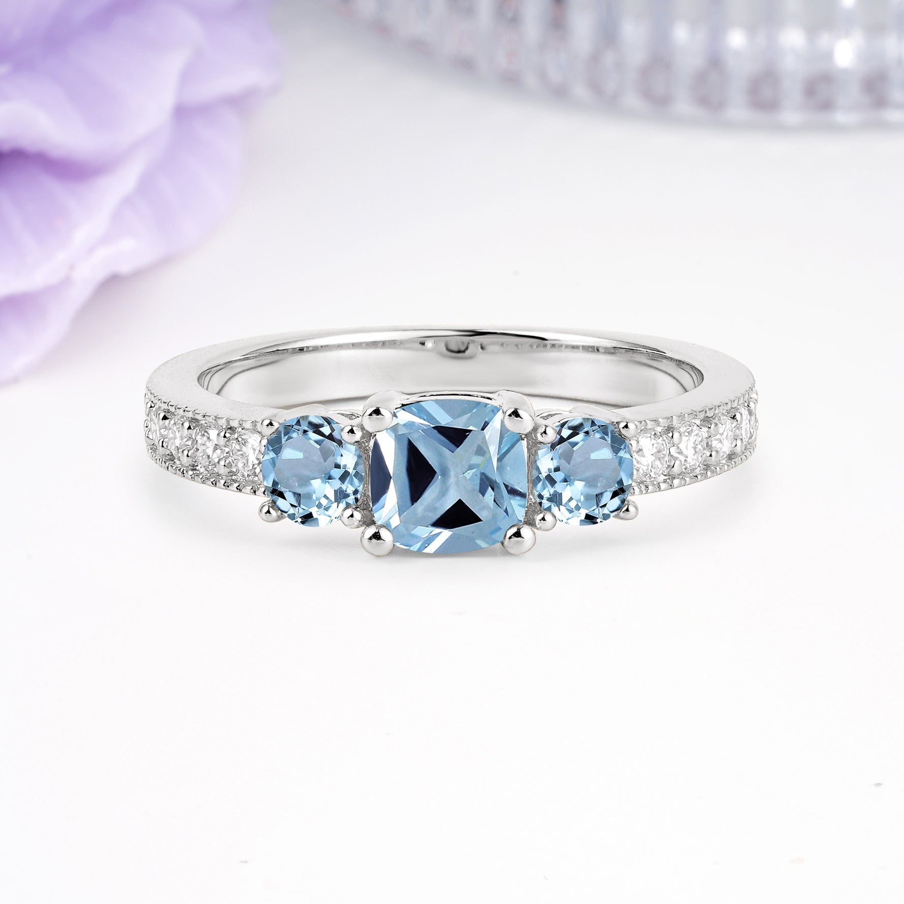 Luxurious And Unique 4 Prong Princess Cut Aquamarine Engagement Ring - Additional view