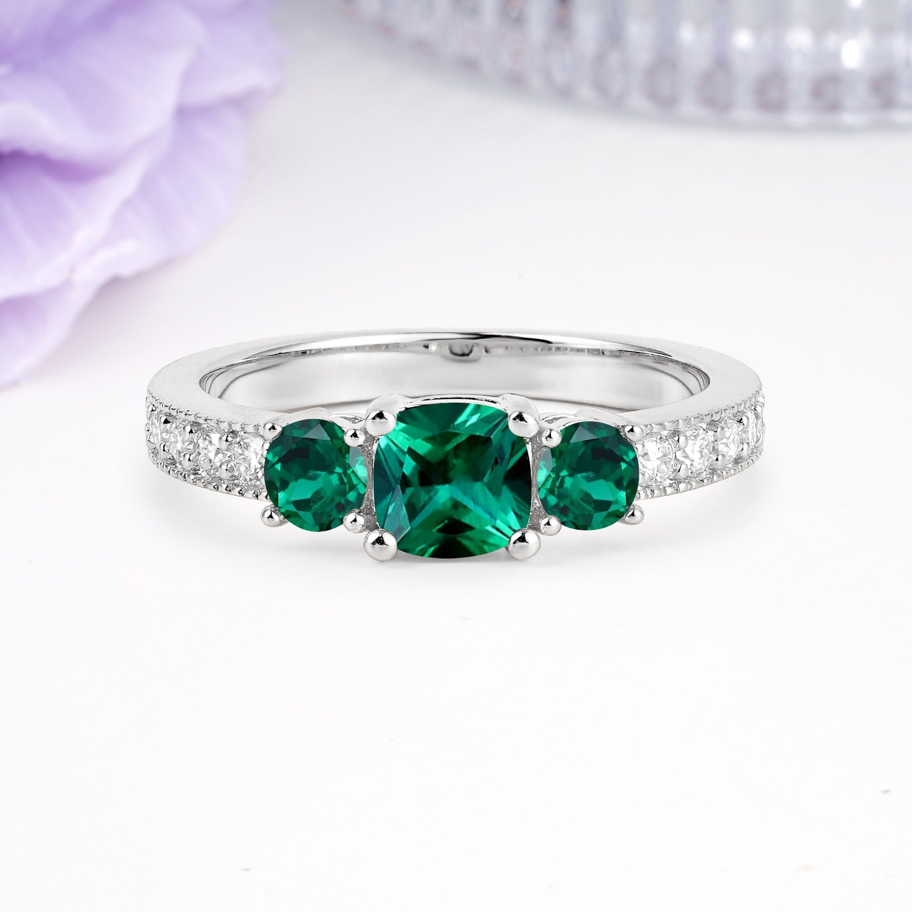 Luxurious And Unique 4 Prong Princess Cut Emerald Engagement Ring - Additional view