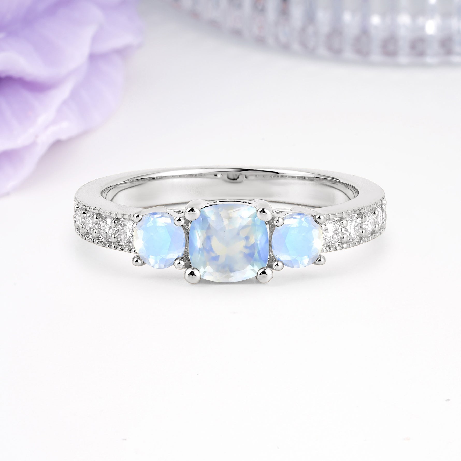 Luxurious And Unique 4 Prong Princess Cut Moonstone Engagement Ring - Additional view