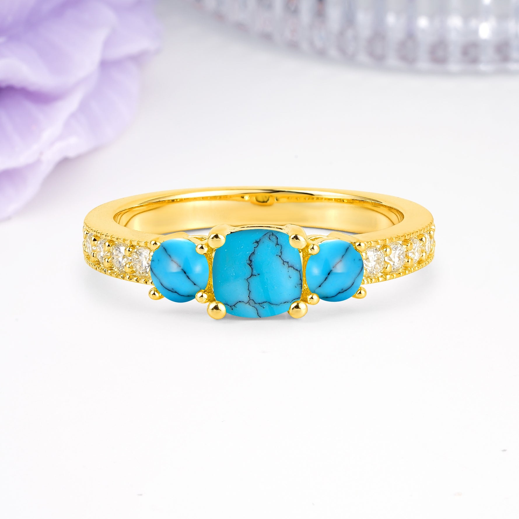 Luxurious And Unique 4 Prong Princess Cut Turquoise Engagement Ring - Additional view