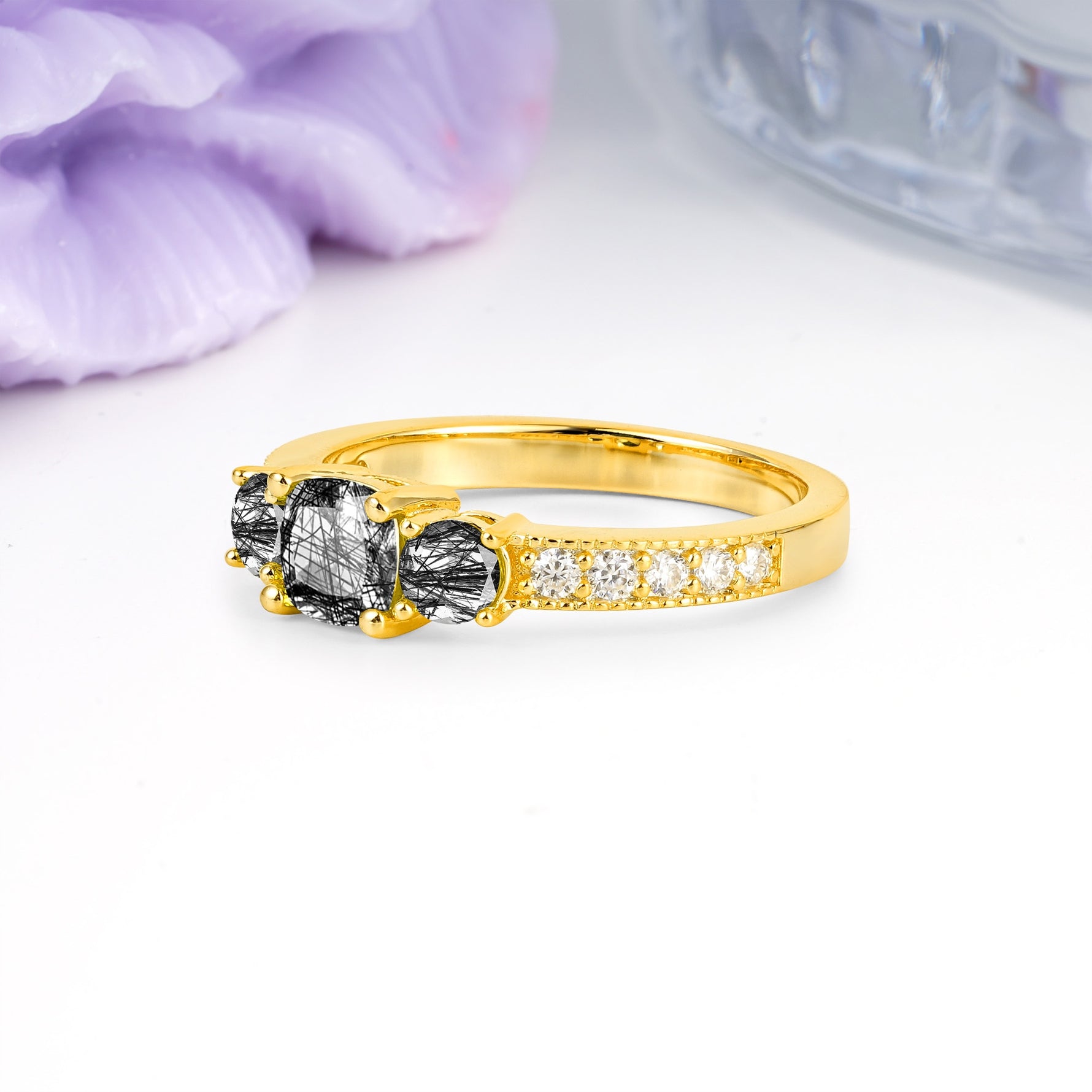 Luxurious And Unique 4 Prong Princess Cut Black Rutilated Quartz Engagement Ring - Additional view