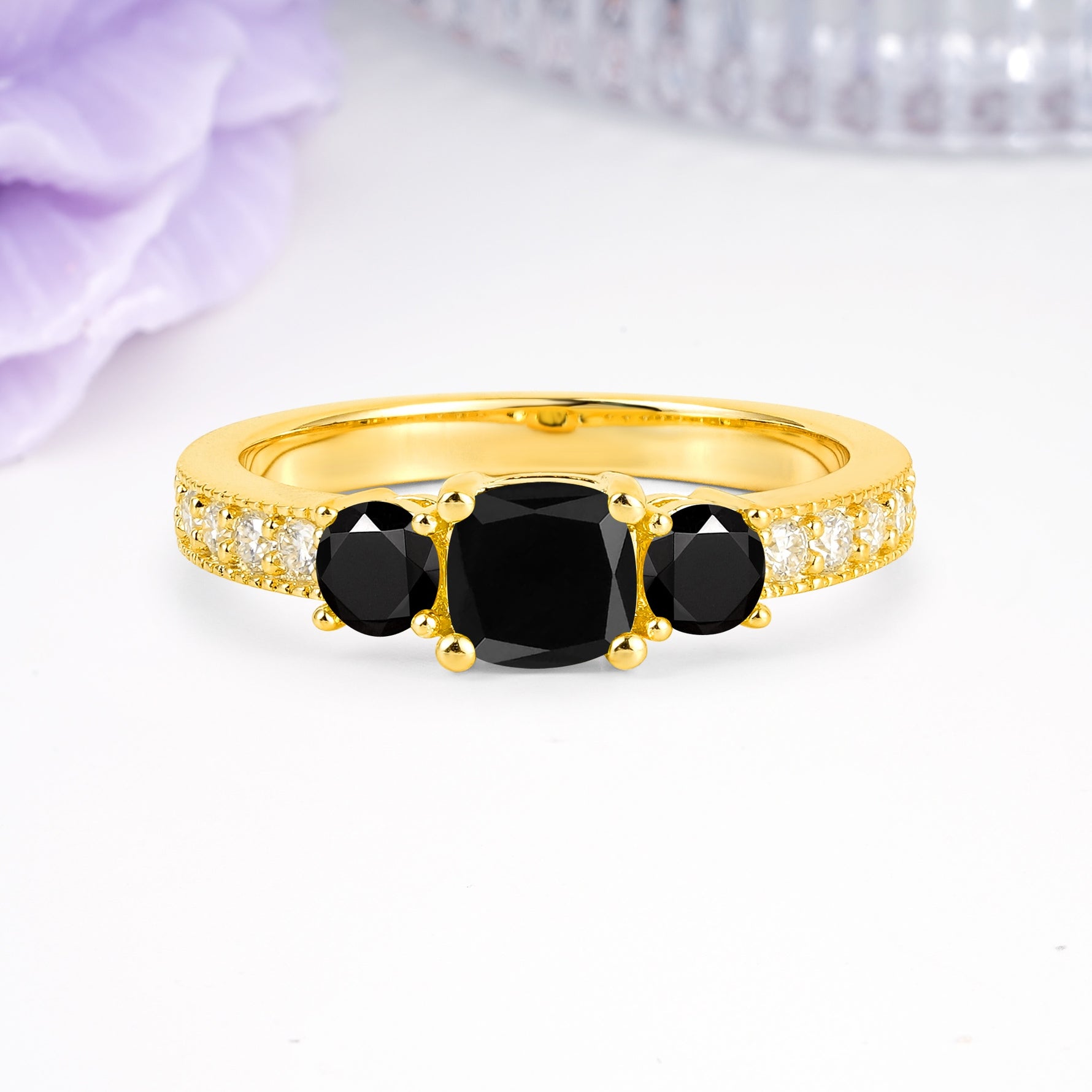 Luxurious And Unique 4 Prong Princess Cut Black Onyx Engagement Ring - Additional view