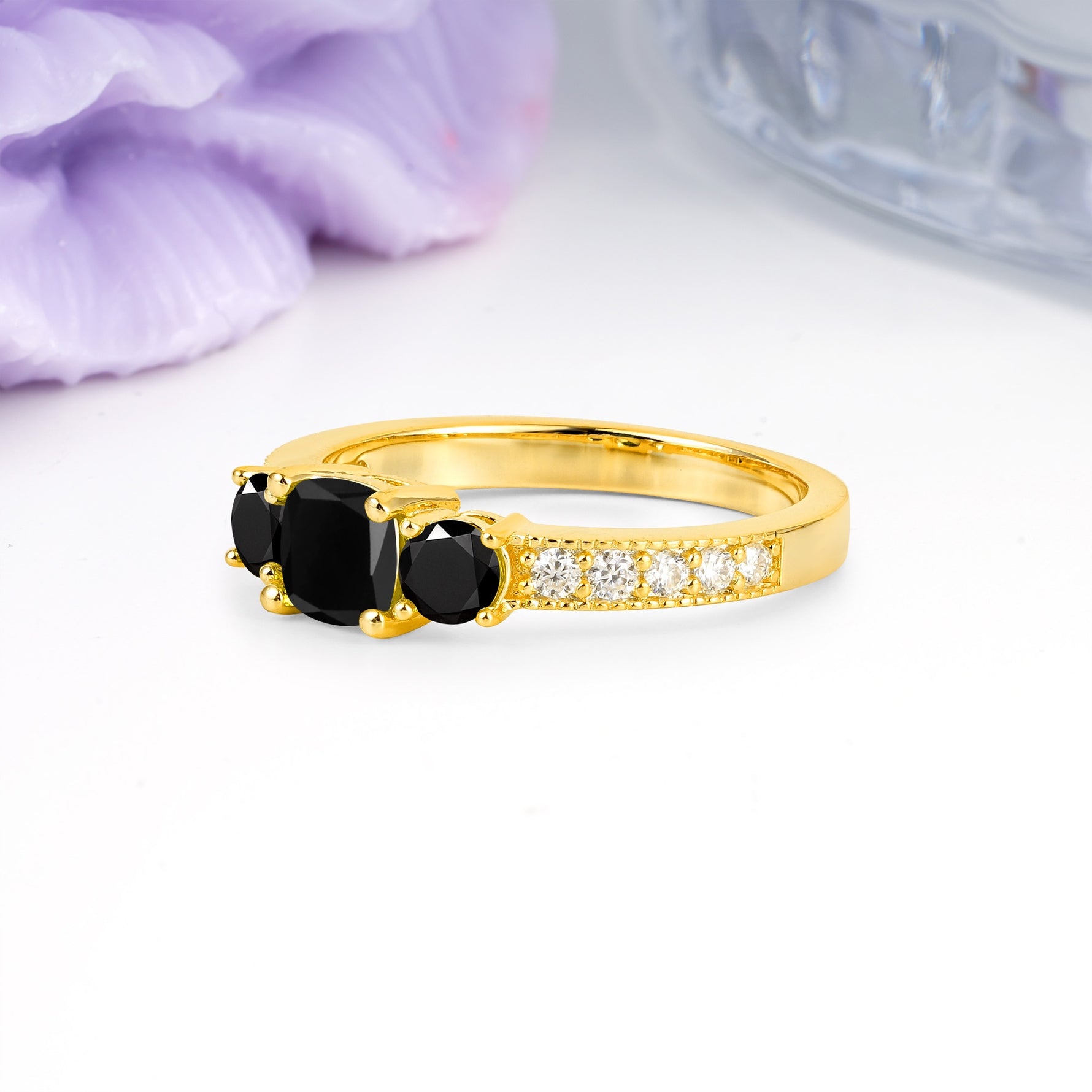 Luxurious And Unique 4 Prong Princess Cut Black Onyx Engagement Ring - Additional view