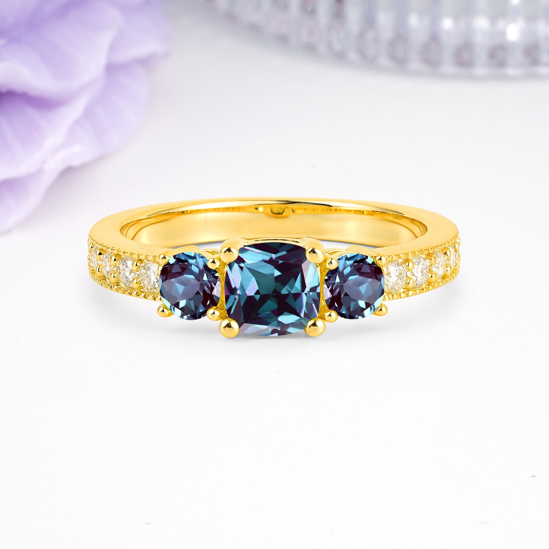 Luxurious And Unique 4 Prong Princess Cut Alexandrite Engagement Ring - Additional view