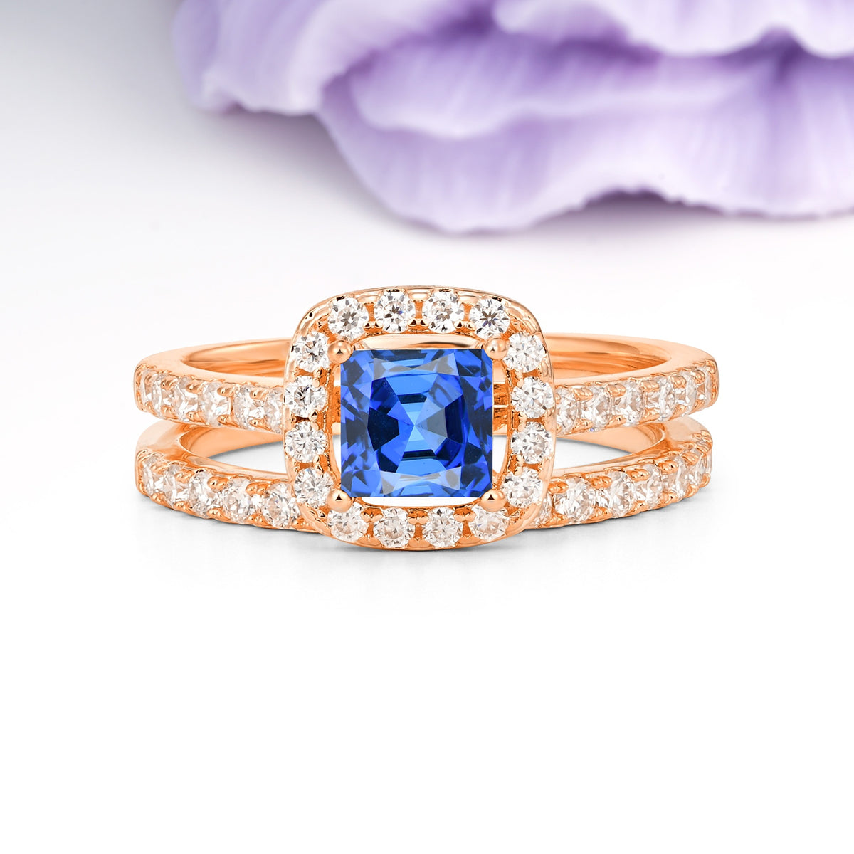 Classic Channel-Set, Luxurious 4-Prong Princess-Cut Sapphire Bridal Ring Set - Additional view