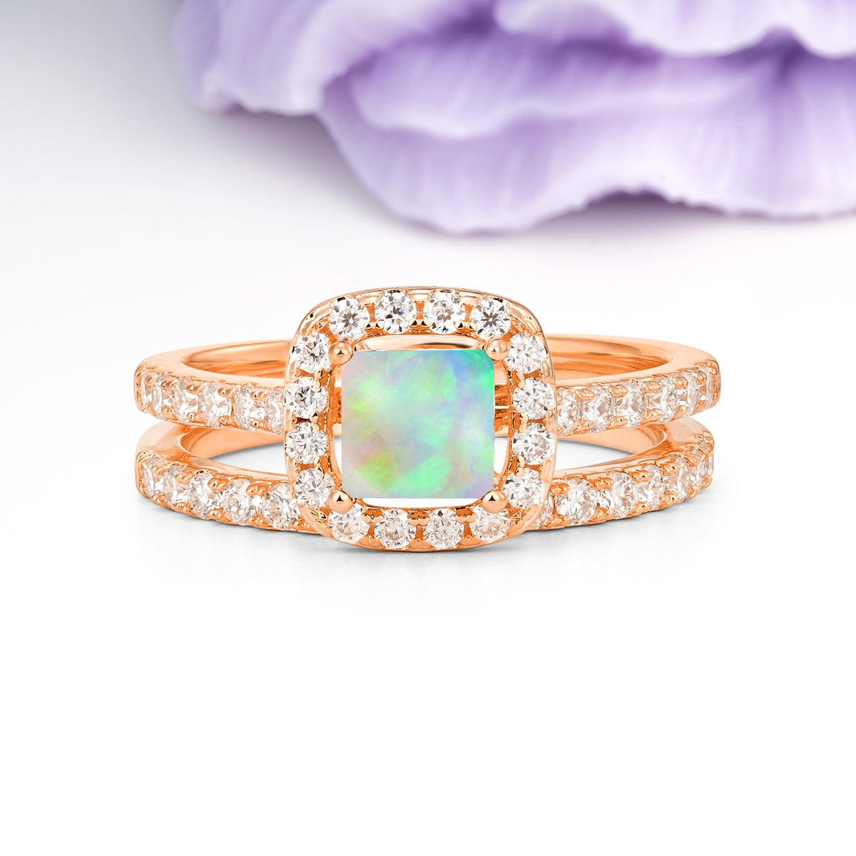 Classic Channel-Set, Luxurious 4-Prong Princess-Cut Fire Opal Bridal Ring Set - Additional view