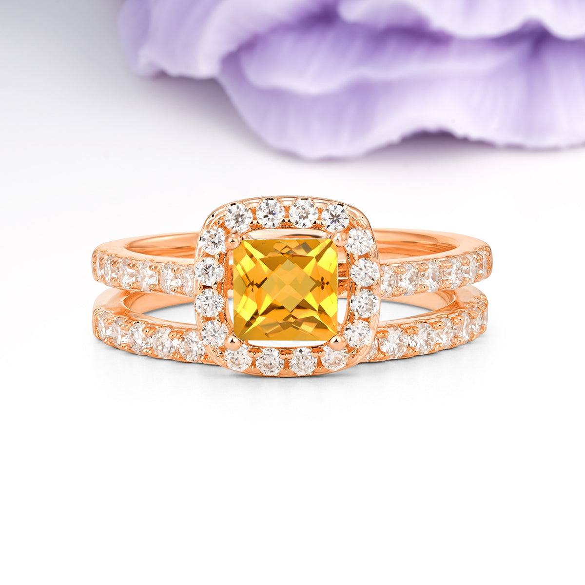 Classic Channel-Set, Luxurious 4-Prong Princess-Cut Citrine Bridal Ring Set - Additional view