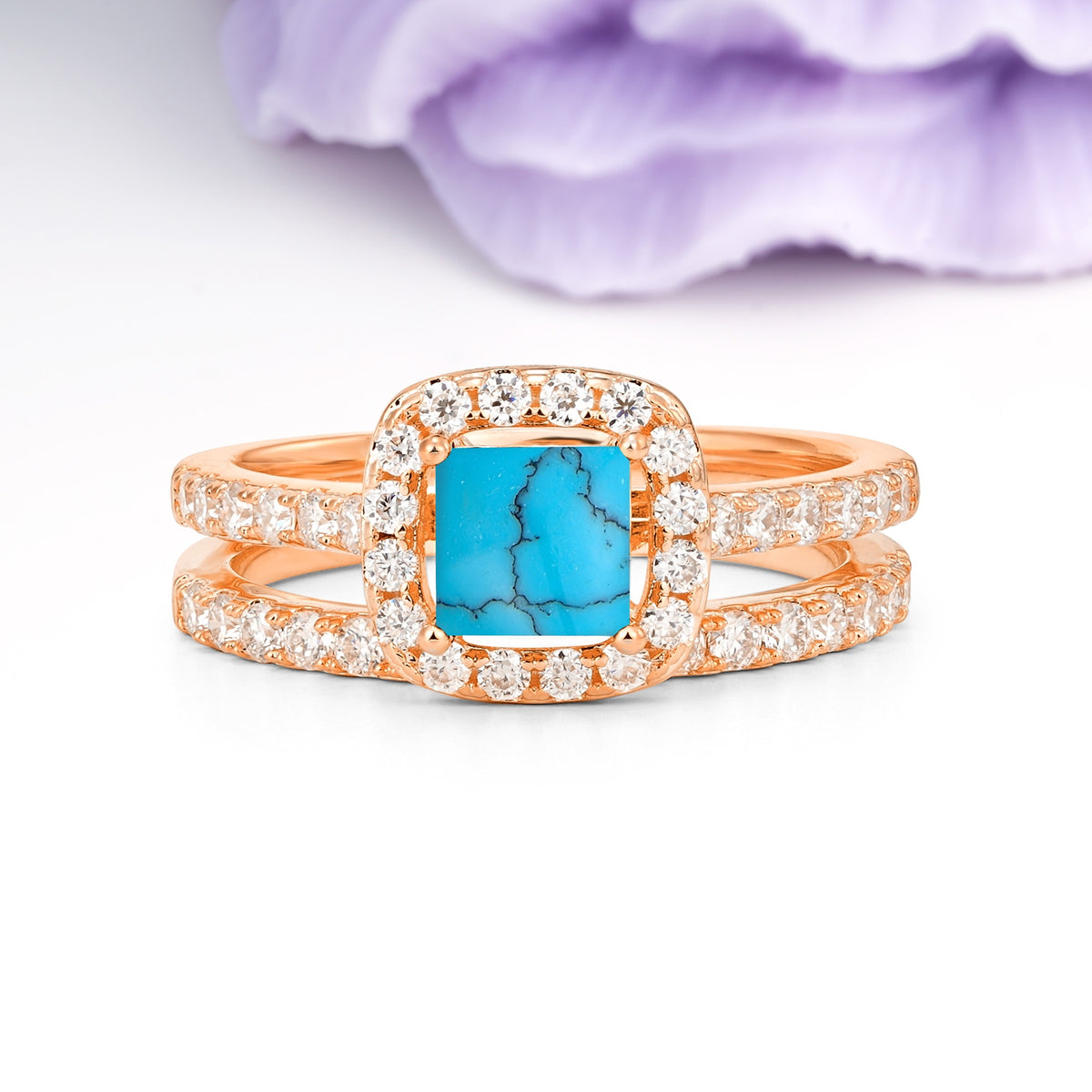 Classic Channel-Set, Luxurious 4-Prong Princess-Cut Turquoise Bridal Ring Set - Additional view
