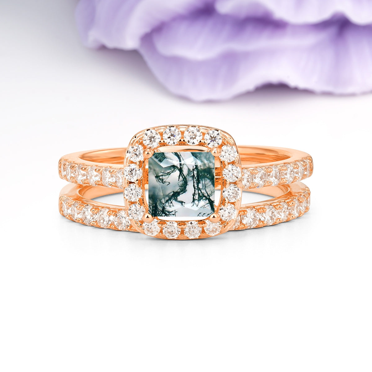 Classic Channel-Set, Luxurious 4-Prong Princess-Cut Moss Agate Bridal Ring Set - Additional view
