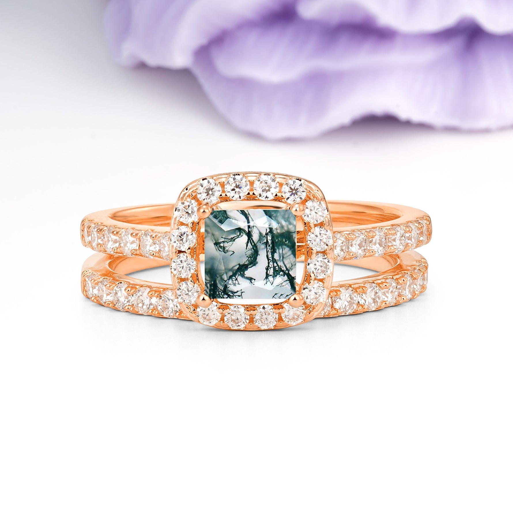 Classic Channel-Set, Luxurious 4-Prong Princess-Cut Moss Agate Bridal Ring Set - Additional view