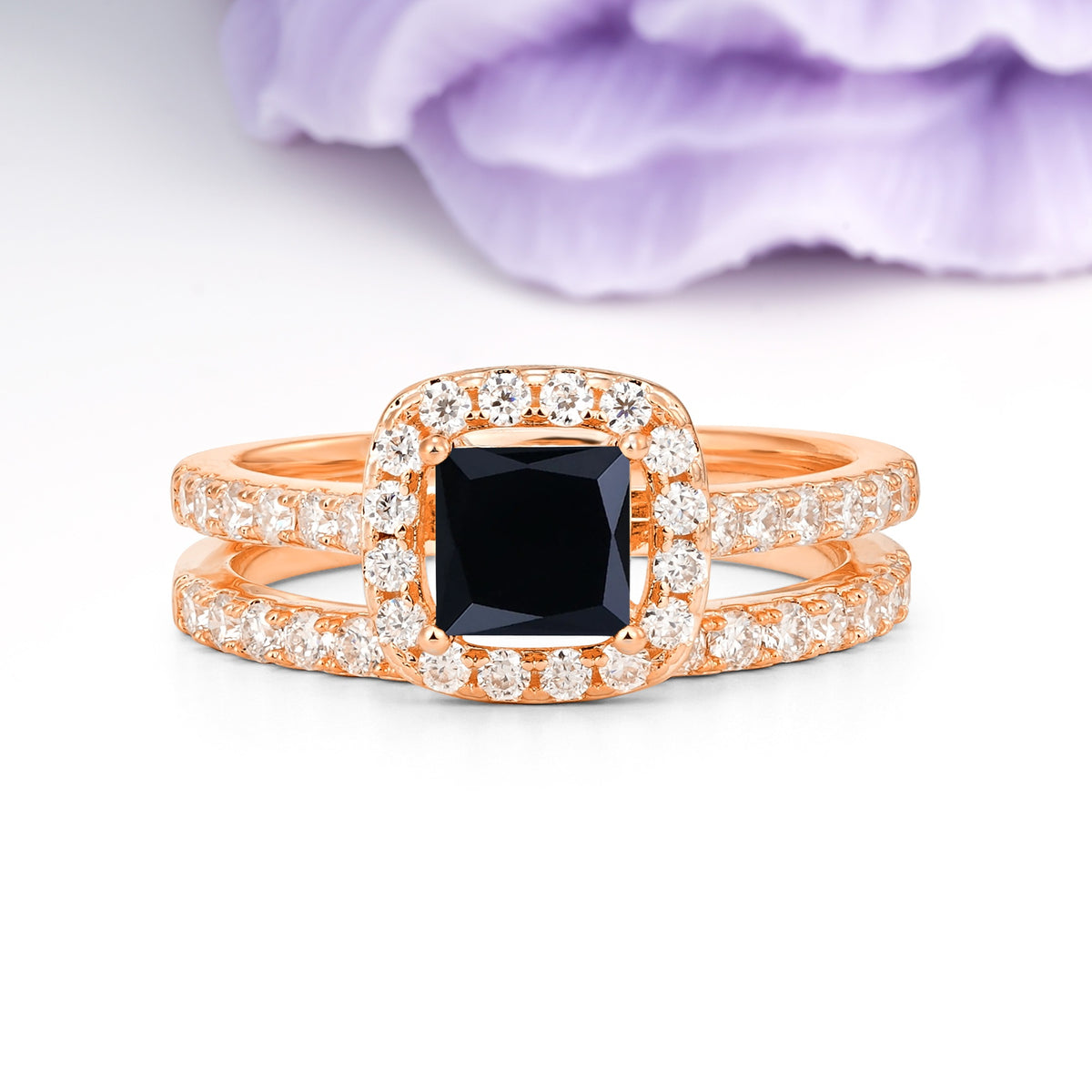 Classic Channel-Set, Luxurious 4-Prong Princess-Cut Black Onyx Bridal Ring Set - Additional view