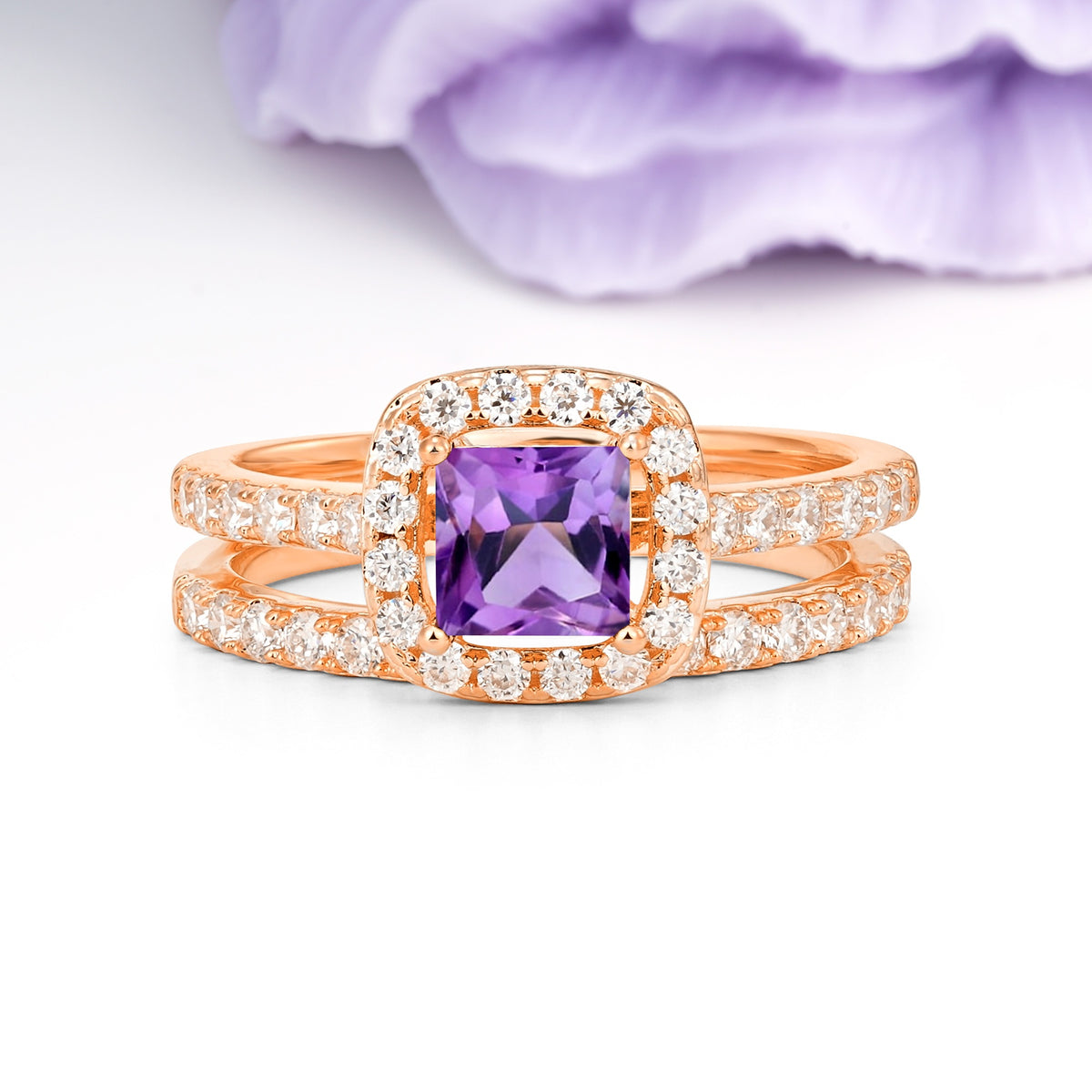 Classic Channel-Set, Luxurious 4-Prong Princess-Cut Amethyst Bridal Ring Set - Additional view