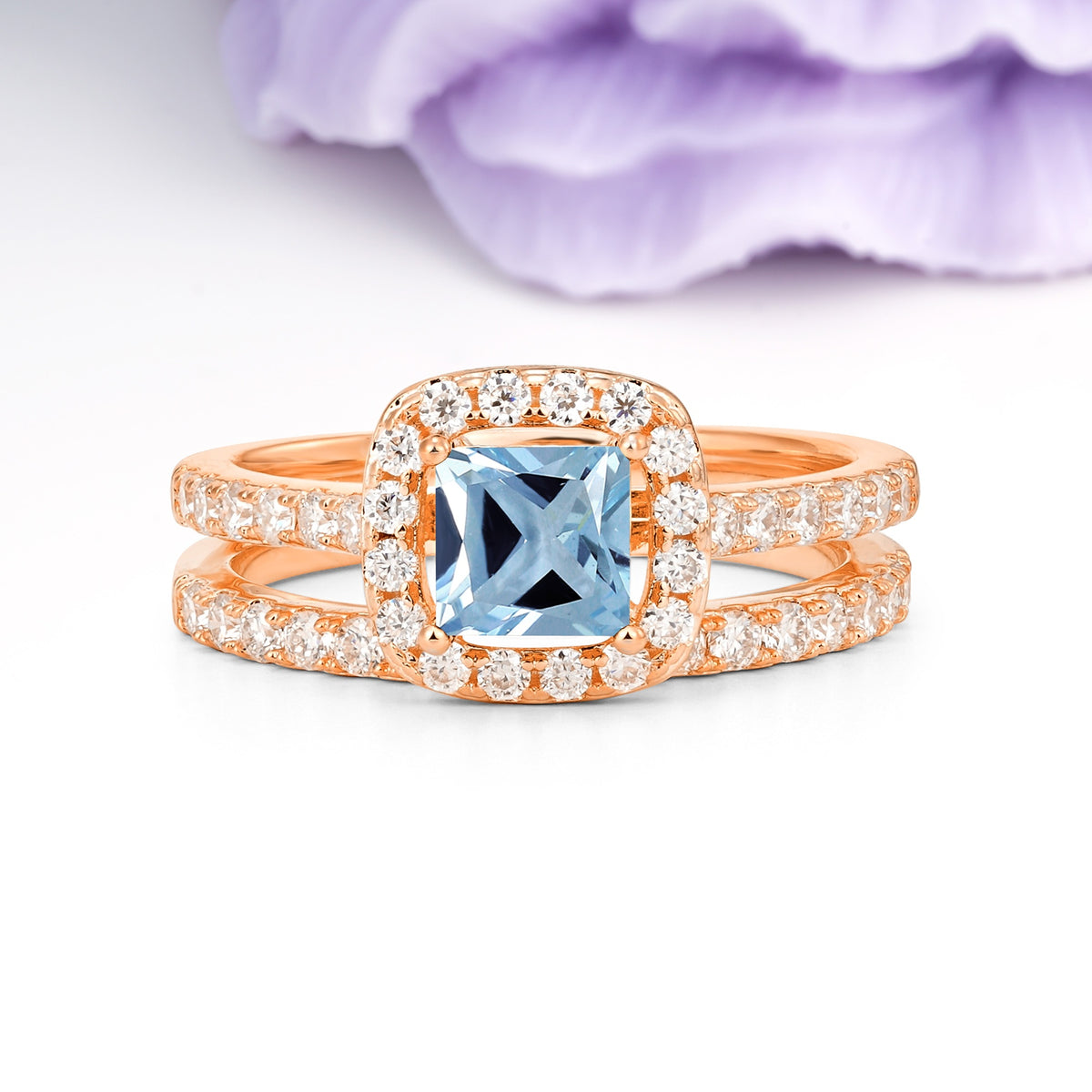 Classic Channel-Set, Luxurious 4-Prong Princess-Cut Aquamarine Bridal Ring Set - Additional view