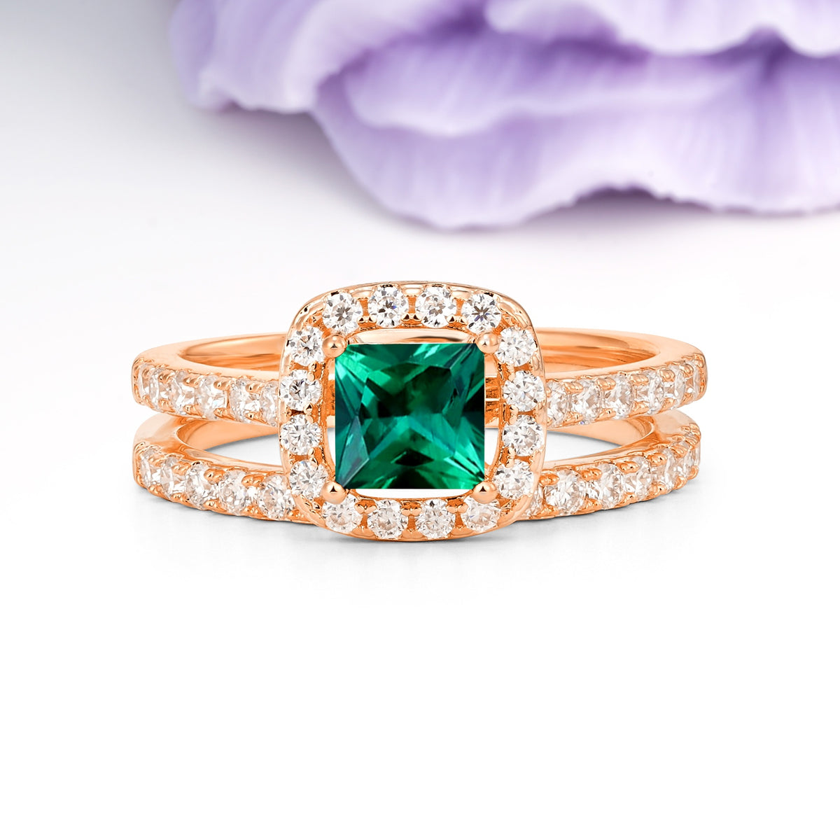 Classic Channel-Set, Luxurious 4-Prong Princess-Cut Emerald Bridal Ring Set - Additional view