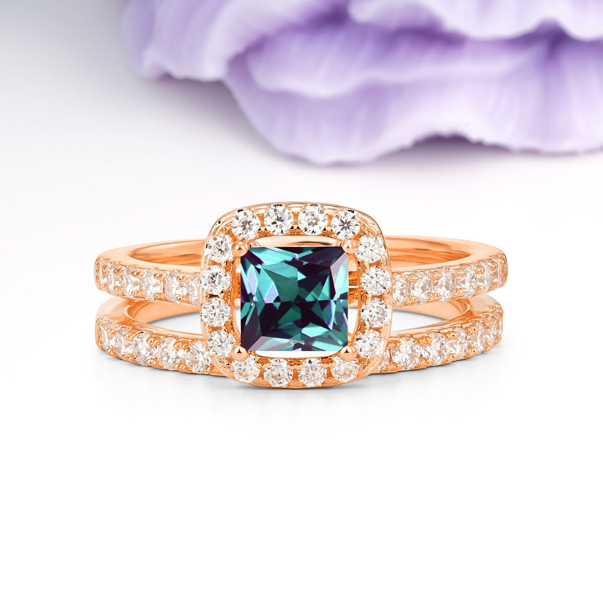 Classic Channel-Set, Luxurious 4-Prong Princess-Cut Alexandrite Bridal Ring Set - Additional view