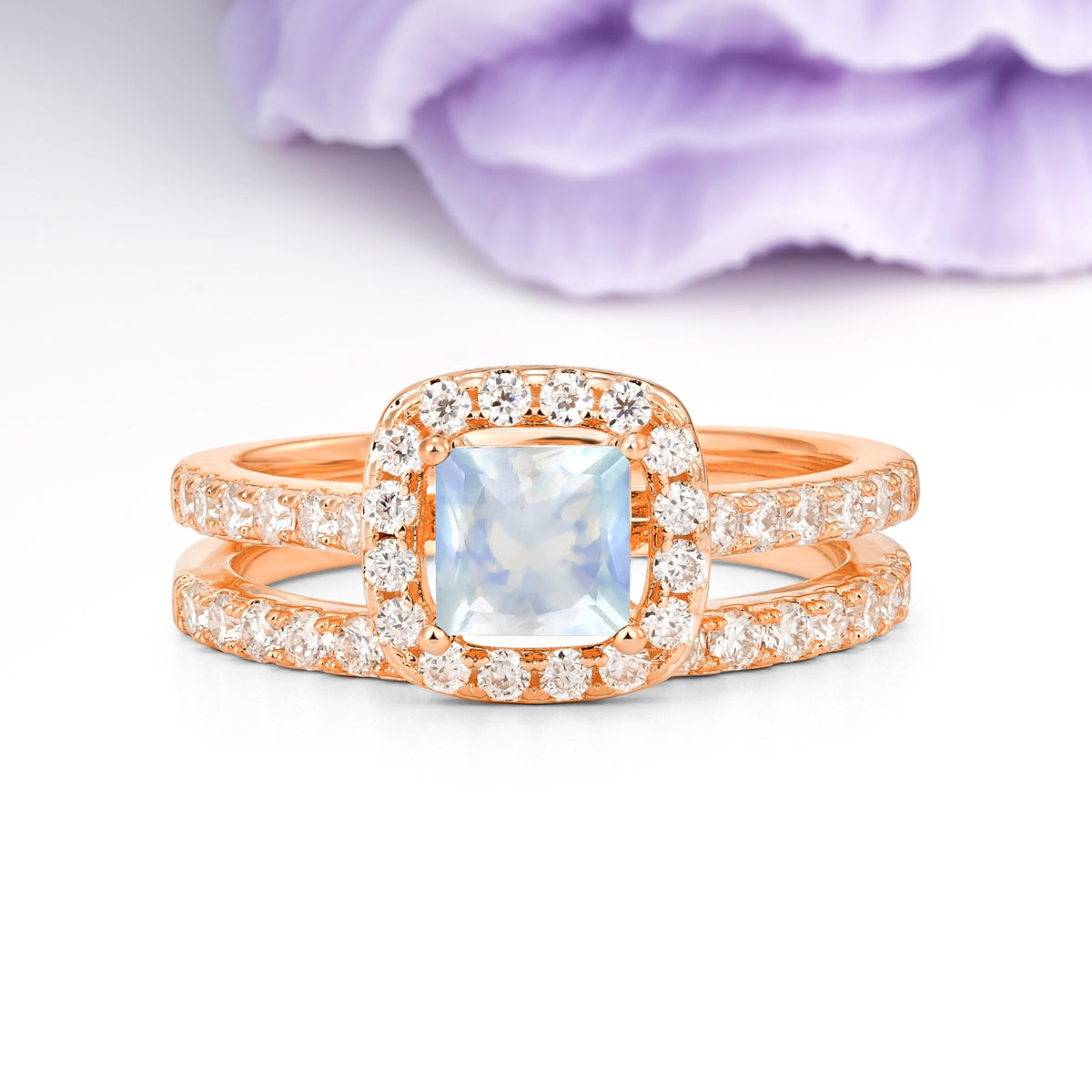 Classic Channel-Set, Luxurious 4-Prong Princess-Cut Moonstone Bridal Ring Set - Additional view