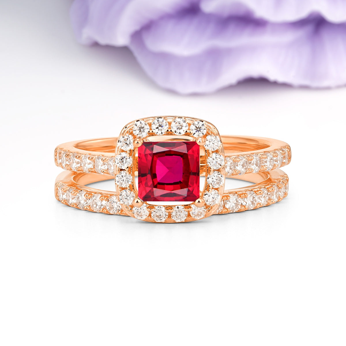 Classic Channel-Set, Luxurious 4-Prong Princess-Cut Ruby Bridal Ring Set - Additional view