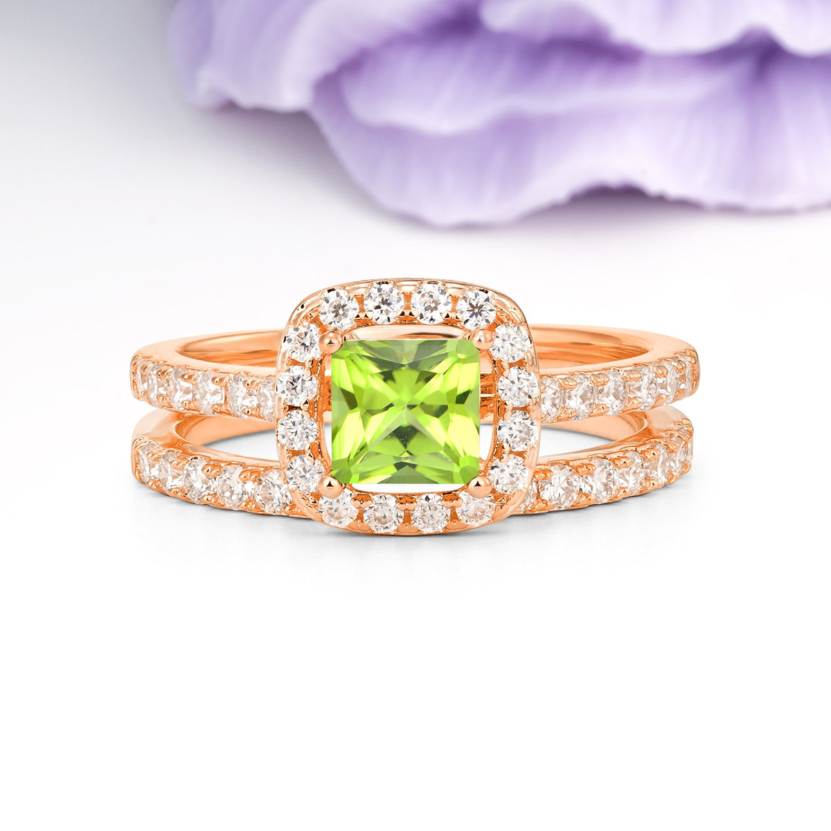 Classic Channel-Set, Luxurious 4-Prong Princess-Cut Peridot Bridal Ring Set - Additional view
