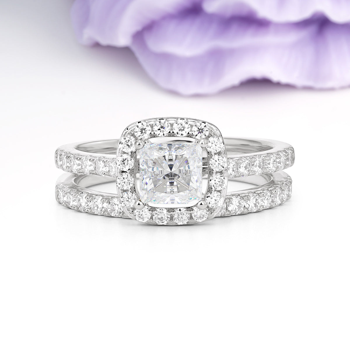 Classic Channel-Set, Luxurious 4-Prong Princess-Cut Moissanite Bridal Ring Set - Additional view