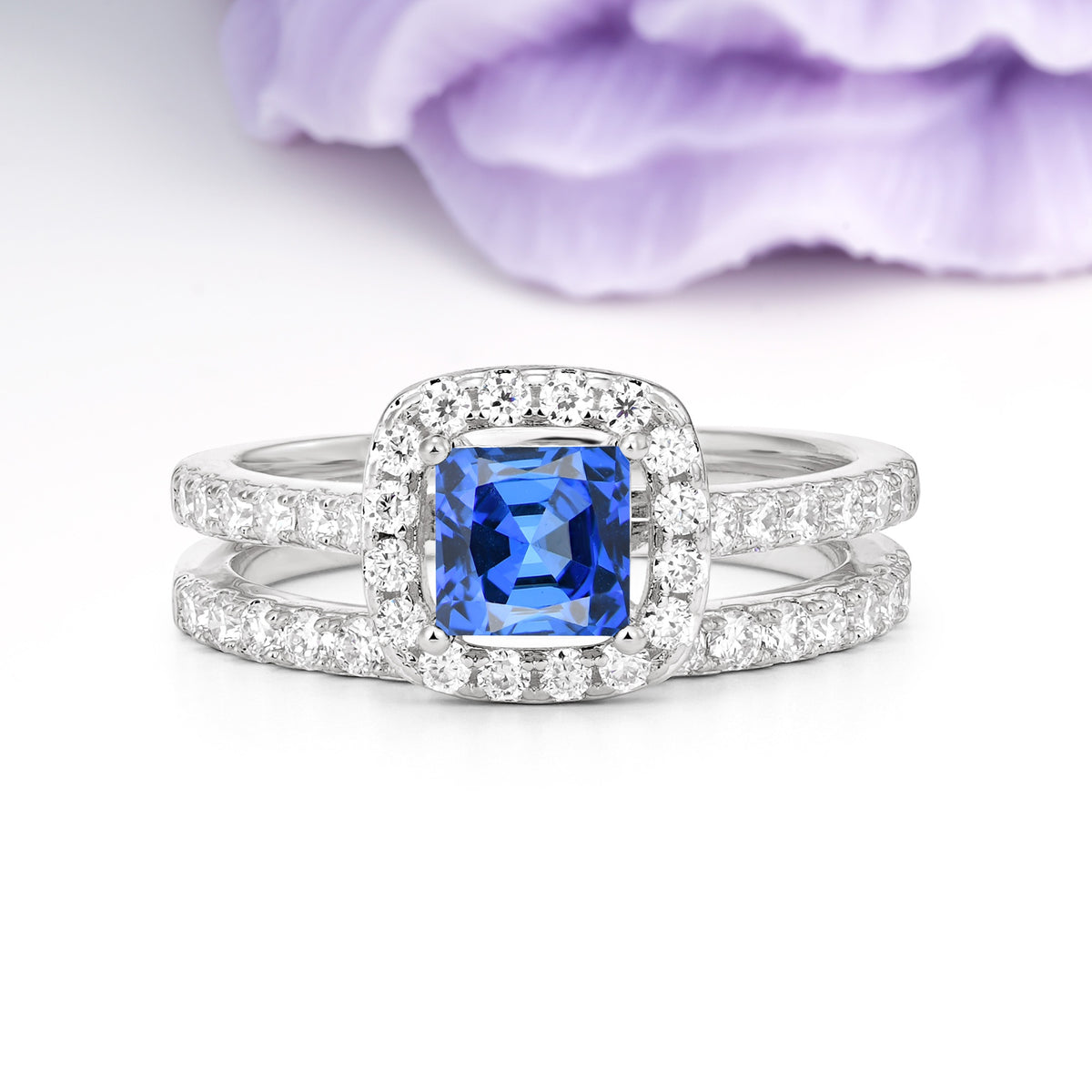 Classic Channel-Set, Luxurious 4-Prong Princess-Cut Sapphire Bridal Ring Set - Additional view