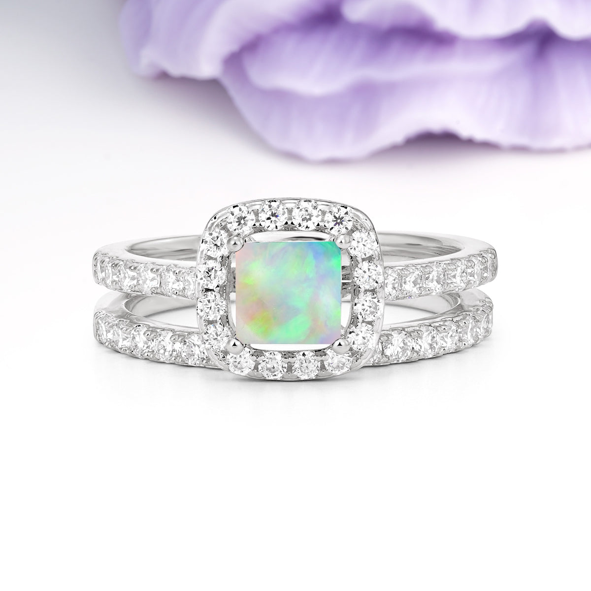 Classic Channel-Set, Luxurious 4-Prong Princess-Cut Fire Opal Bridal Ring Set - Additional view