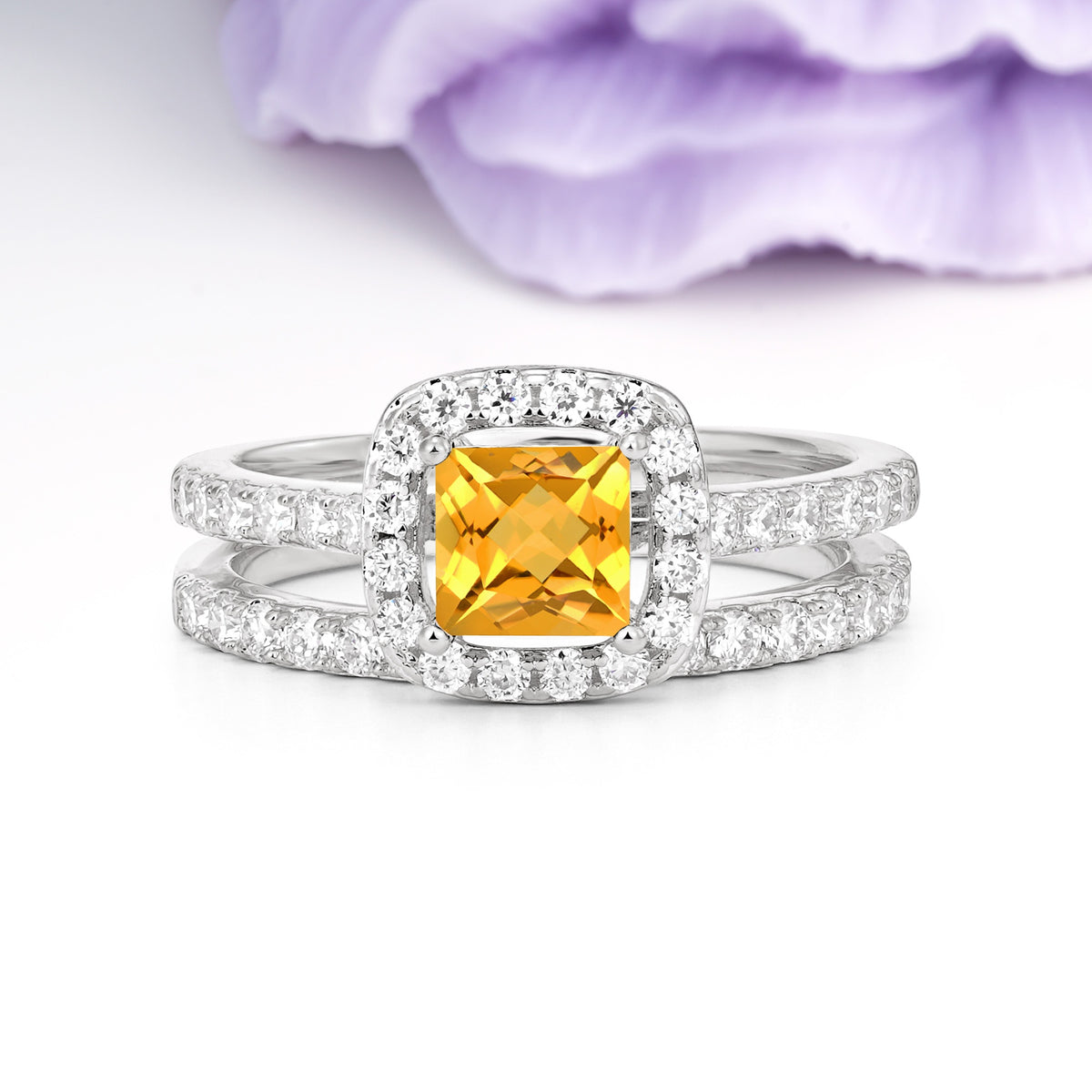 Classic Channel-Set, Luxurious 4-Prong Princess-Cut Citrine Bridal Ring Set - Additional view