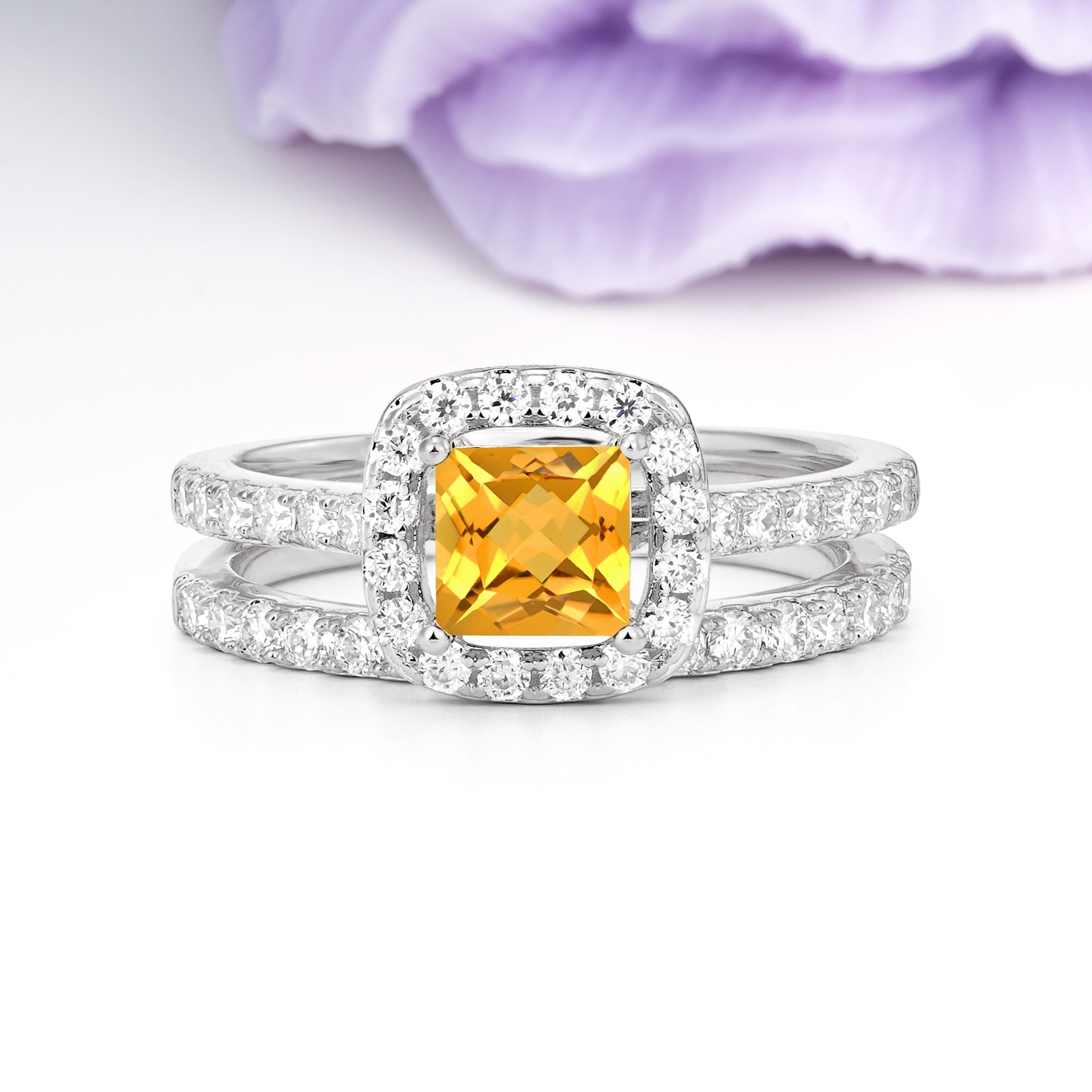 Classic Channel-Set, Luxurious 4-Prong Princess-Cut Citrine Bridal Ring Set - Additional view