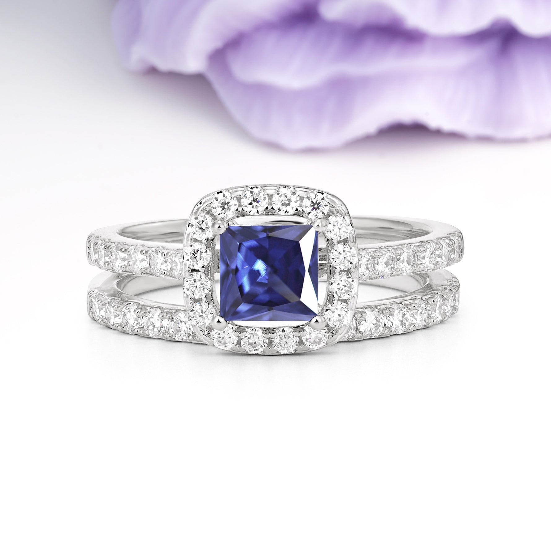 Classic Channel-Set, Luxurious 4-Prong Princess-Cut Tanzanite Bridal Ring Set - Additional view