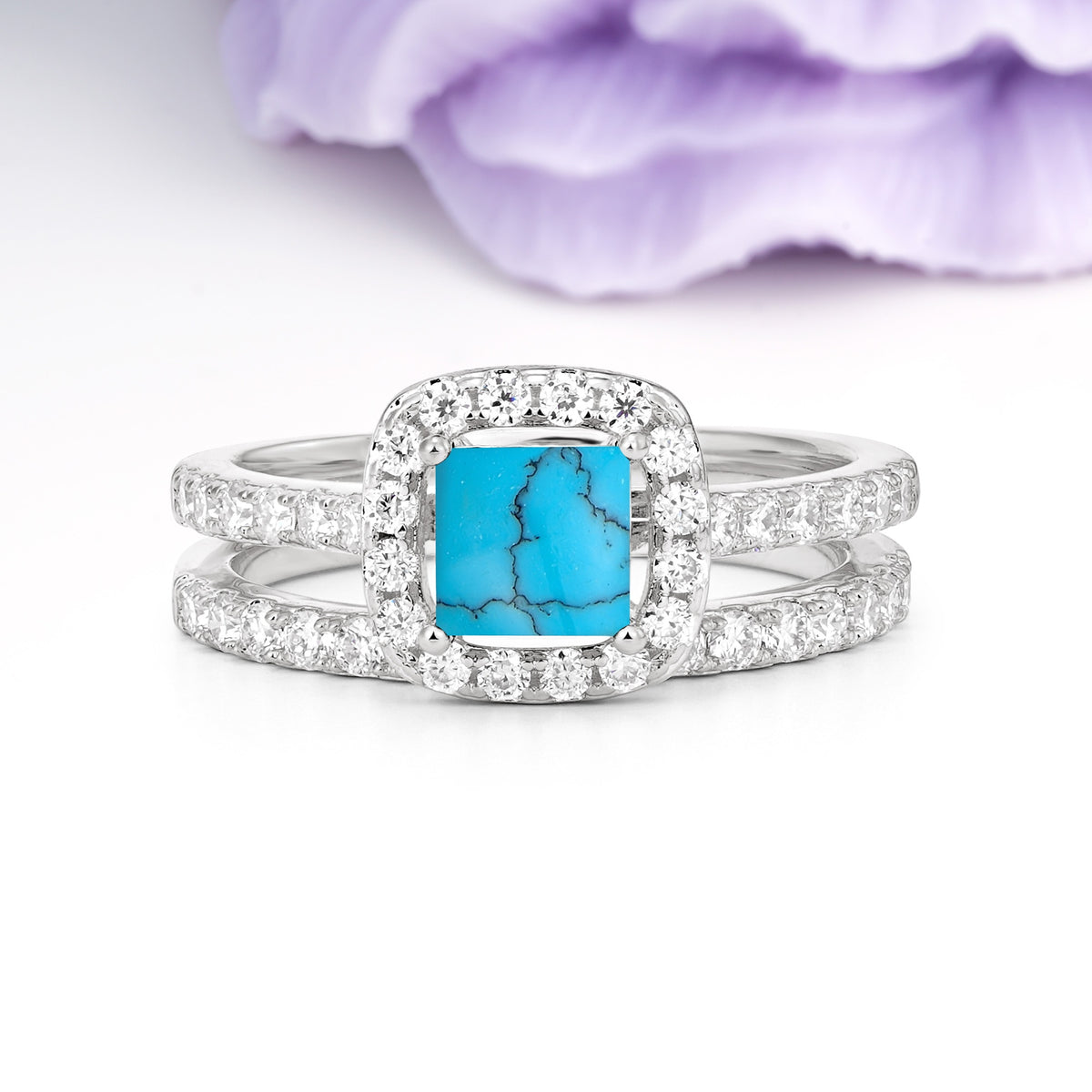 Classic Channel-Set, Luxurious 4-Prong Princess-Cut Turquoise Bridal Ring Set - Additional view